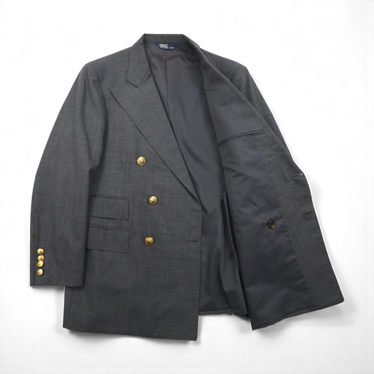 Polo Ralph Lauren 80年代 日本製 ピークドラペル ダブルブレスト セットアップ スーツ M グレー 金ボタン