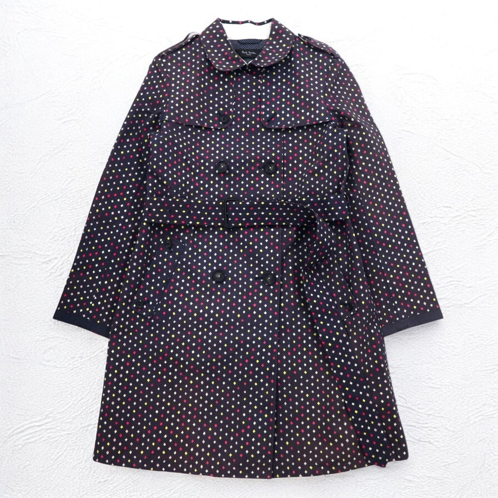 Paul Smith BLACK Trench in gomma taglia L, blu navy, fantasia a pois, doppiopetto, con cintura, impermeabile