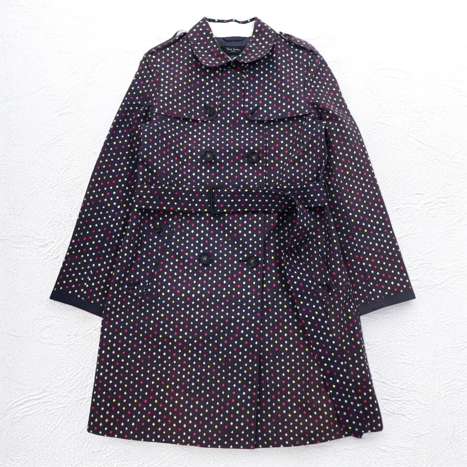 Paul Smith BLACK Trench in gomma taglia L, blu navy, fantasia a pois, doppiopetto, con cintura, impermeabile