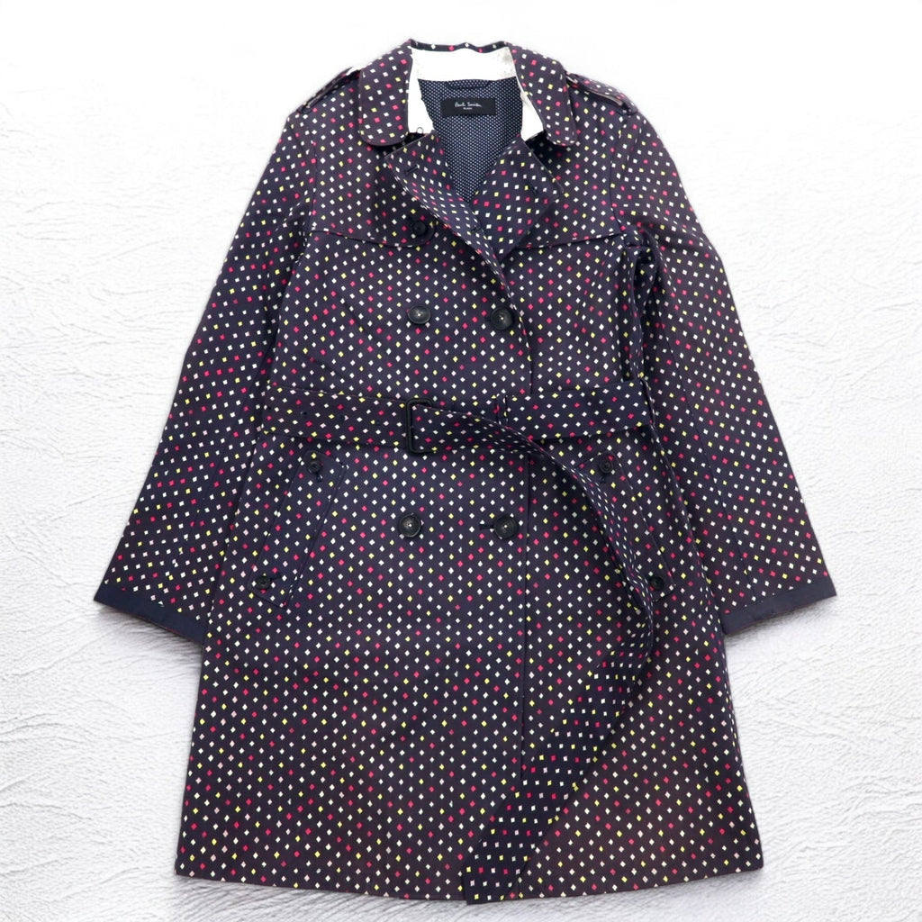 Paul Smith BLACK Trench in gomma taglia L, blu navy, fantasia a pois, doppiopetto, con cintura, impermeabile