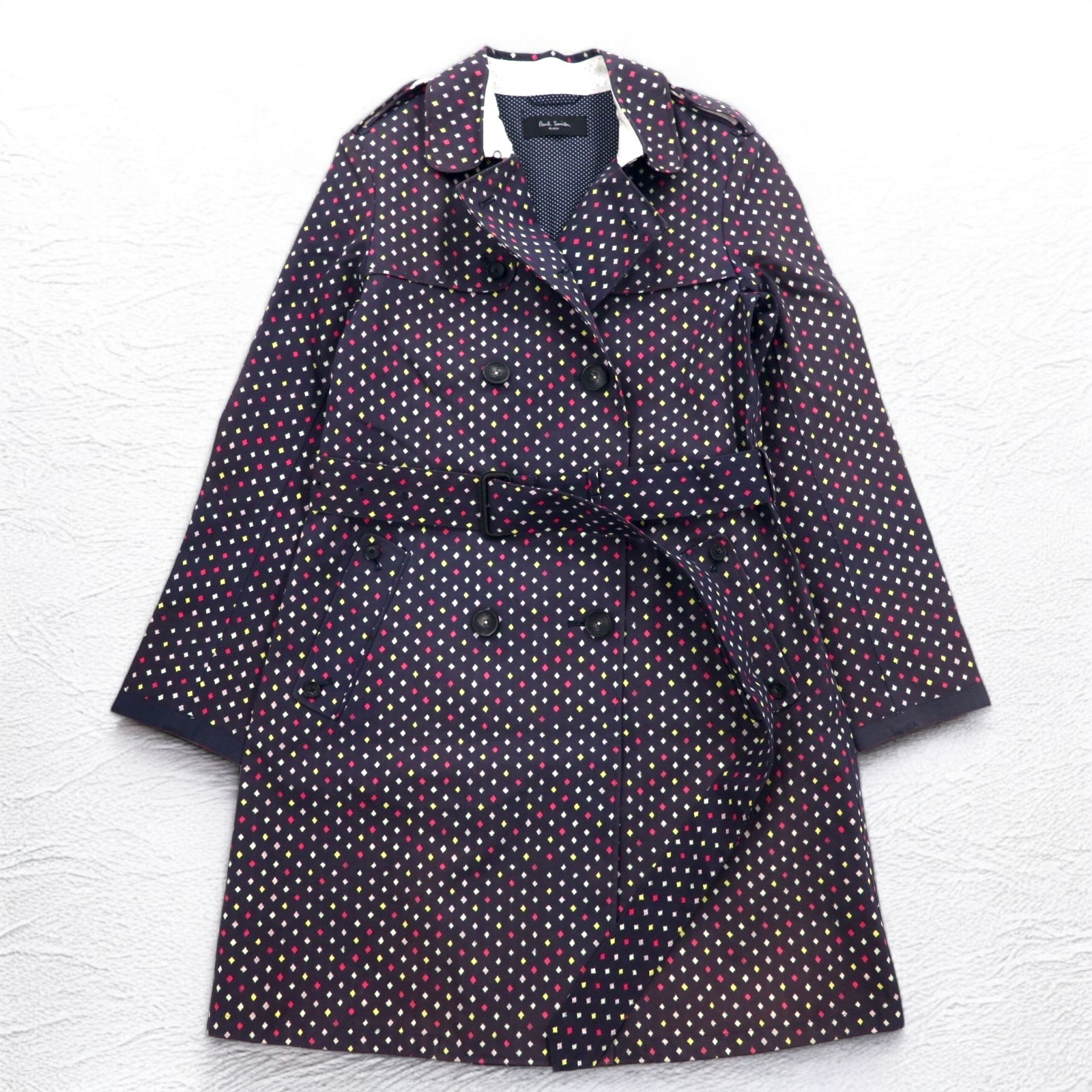 Paul Smith BLACK Trench in gomma taglia L, blu navy, fantasia a pois, doppiopetto, con cintura, impermeabile