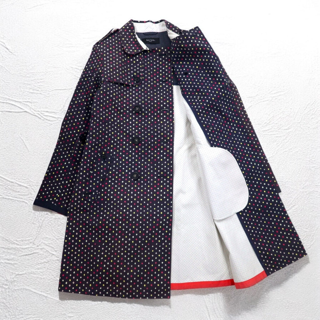 Paul Smith BLACK Trench in gomma taglia L, blu navy, fantasia a pois, doppiopetto, con cintura, impermeabile