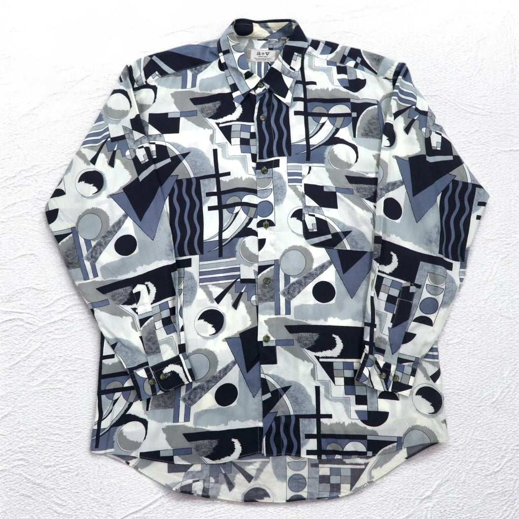 Camicia vintage in rayon anni '90, fabbricata in Giappone, a+v ABBRE VIATE anni '90, fantasia all-over, taglia unica, grigia, geometrica, in rayon, made in Japan