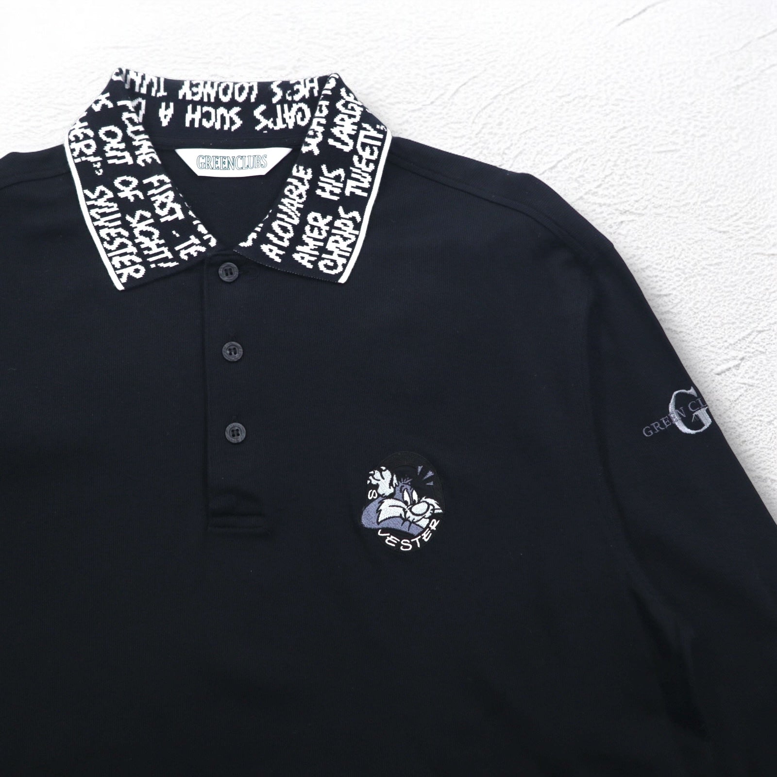 GREEN CLUBS × Warner Bros Anni '90 Polo a maniche lunghe XL Nera Piquet Looney Tunes Gatto Silvestro Made in Japan