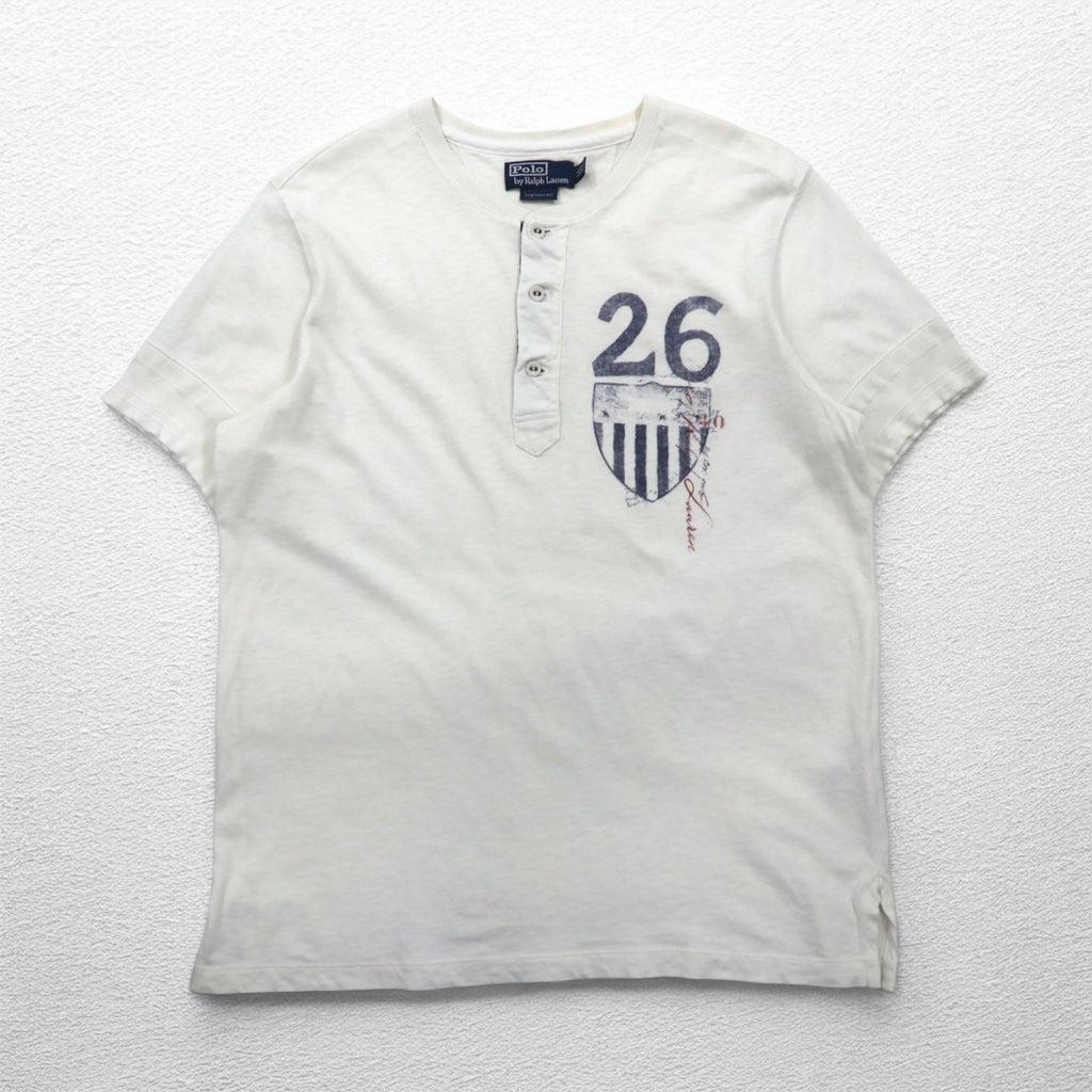 Polo by Ralph Lauren Maglietta a maniche corte Henley XL bianca, stampa a inchiostro, numerazione, CUSTOM FIT
