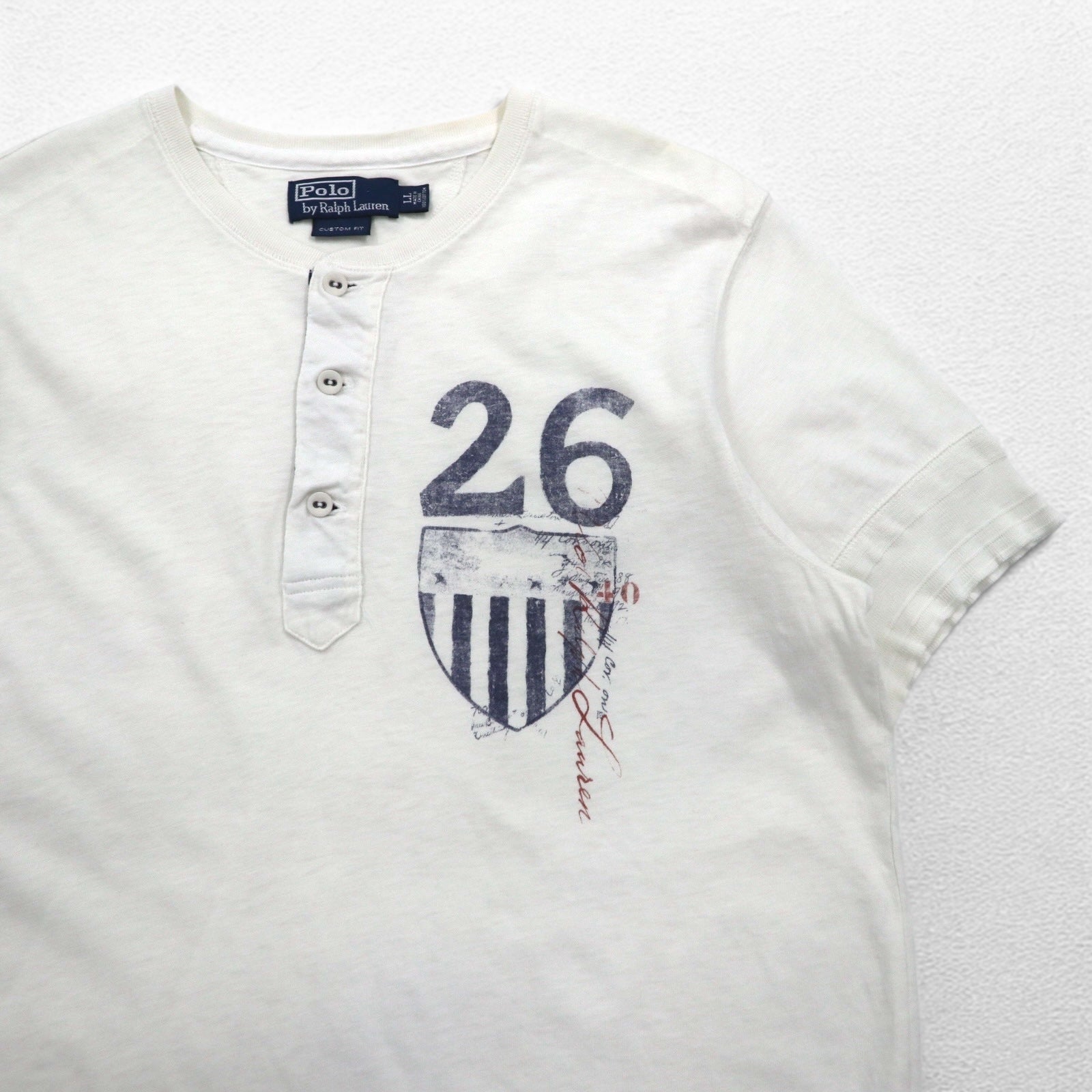 Polo by Ralph Lauren Maglietta a maniche corte Henley XL bianca, stampa a inchiostro, numerazione, CUSTOM FIT