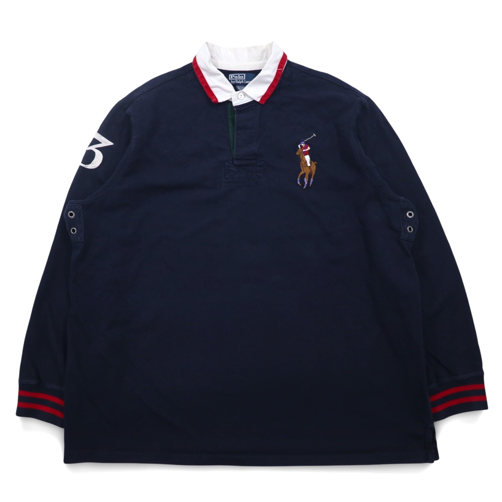 Polo by Ralph Lauren anni '90, maglia da rugby con ricamo Big Pony, taglia XXL, blu navy, con numeri, toppe sui gomiti, made in Sri Lanka