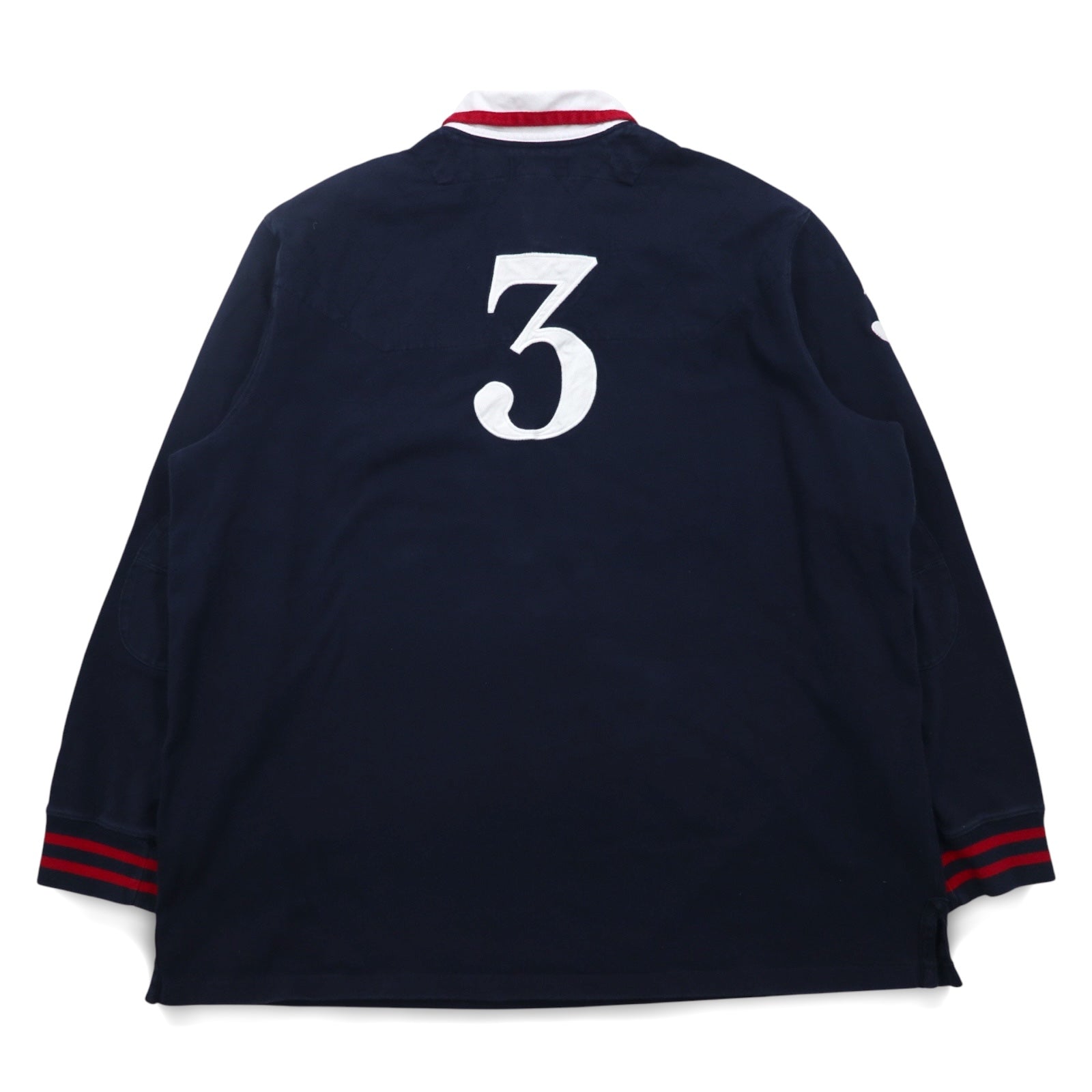 Polo by Ralph Lauren anni '90, maglia da rugby con ricamo Big Pony, taglia XXL, blu navy, con numeri, toppe sui gomiti, made in Sri Lanka