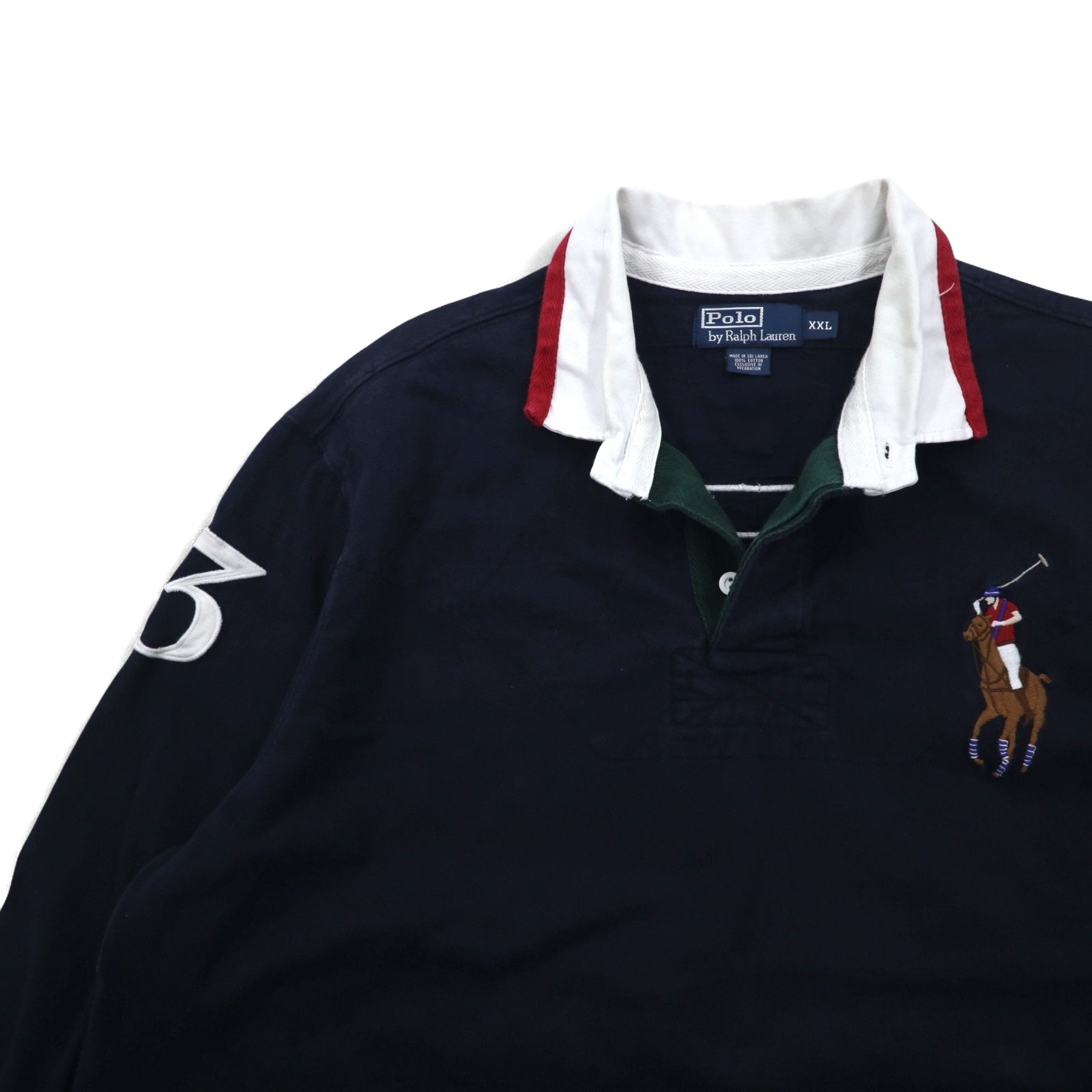 Polo by Ralph Lauren anni '90, maglia da rugby con ricamo Big Pony, taglia XXL, blu navy, con numeri, toppe sui gomiti, made in Sri Lanka
