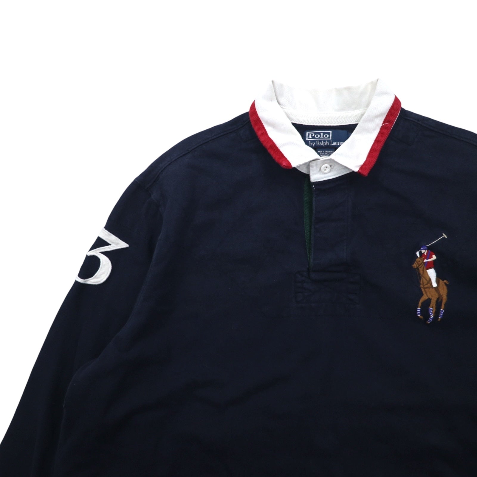 Polo by Ralph Lauren anni '90, maglia da rugby con ricamo Big Pony, taglia XXL, blu navy, con numeri, toppe sui gomiti, made in Sri Lanka