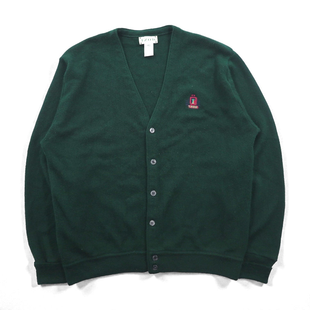 IZOD 90年代 アクリル ニット Vネック カーディガン L グリーン ワンポイントロゴ
