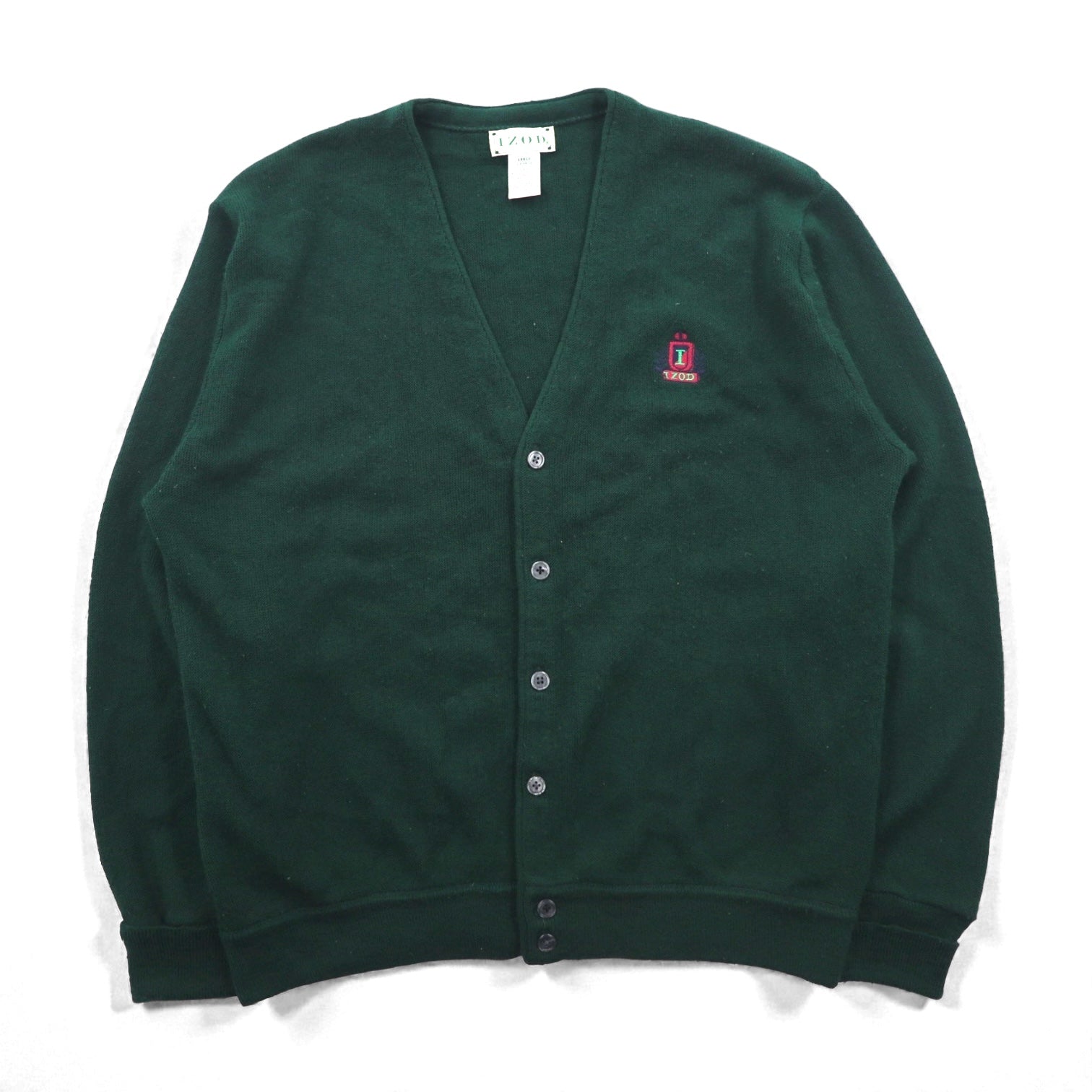 IZOD 90年代 アクリル ニット Vネック カーディガン L グリーン ワンポイントロゴ