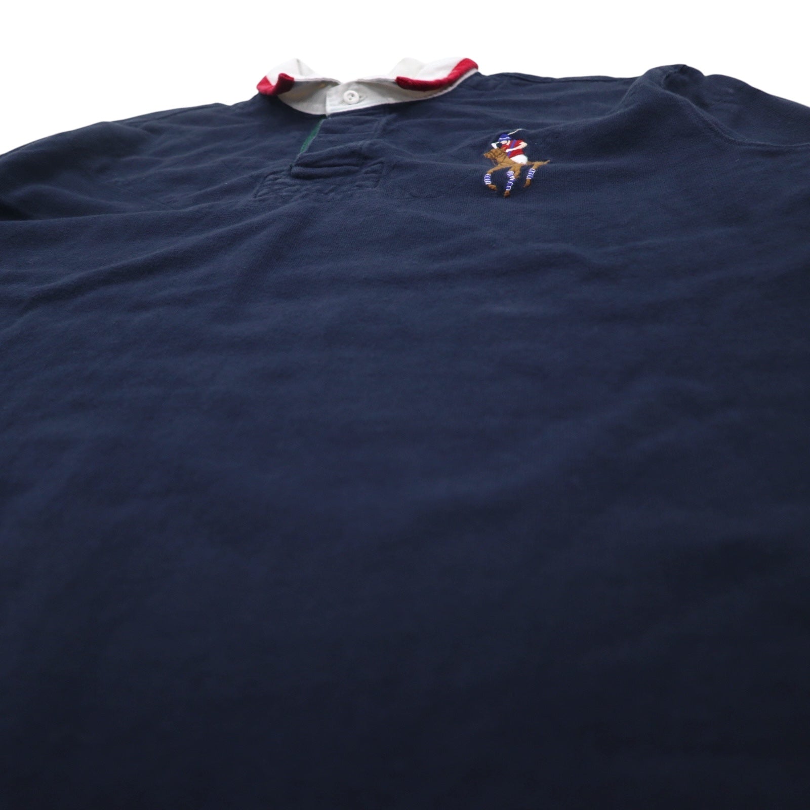 Polo by Ralph Lauren anni '90, maglia da rugby con ricamo Big Pony, taglia XXL, blu navy, con numeri, toppe sui gomiti, made in Sri Lanka