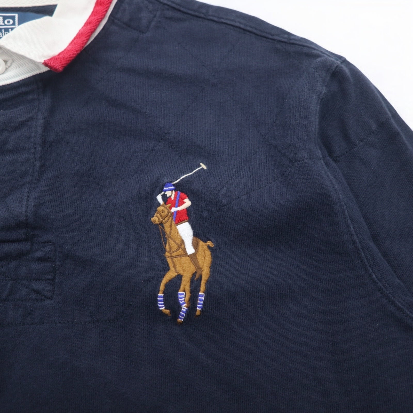 Polo by Ralph Lauren anni '90, maglia da rugby con ricamo Big Pony, taglia XXL, blu navy, con numeri, toppe sui gomiti, made in Sri Lanka