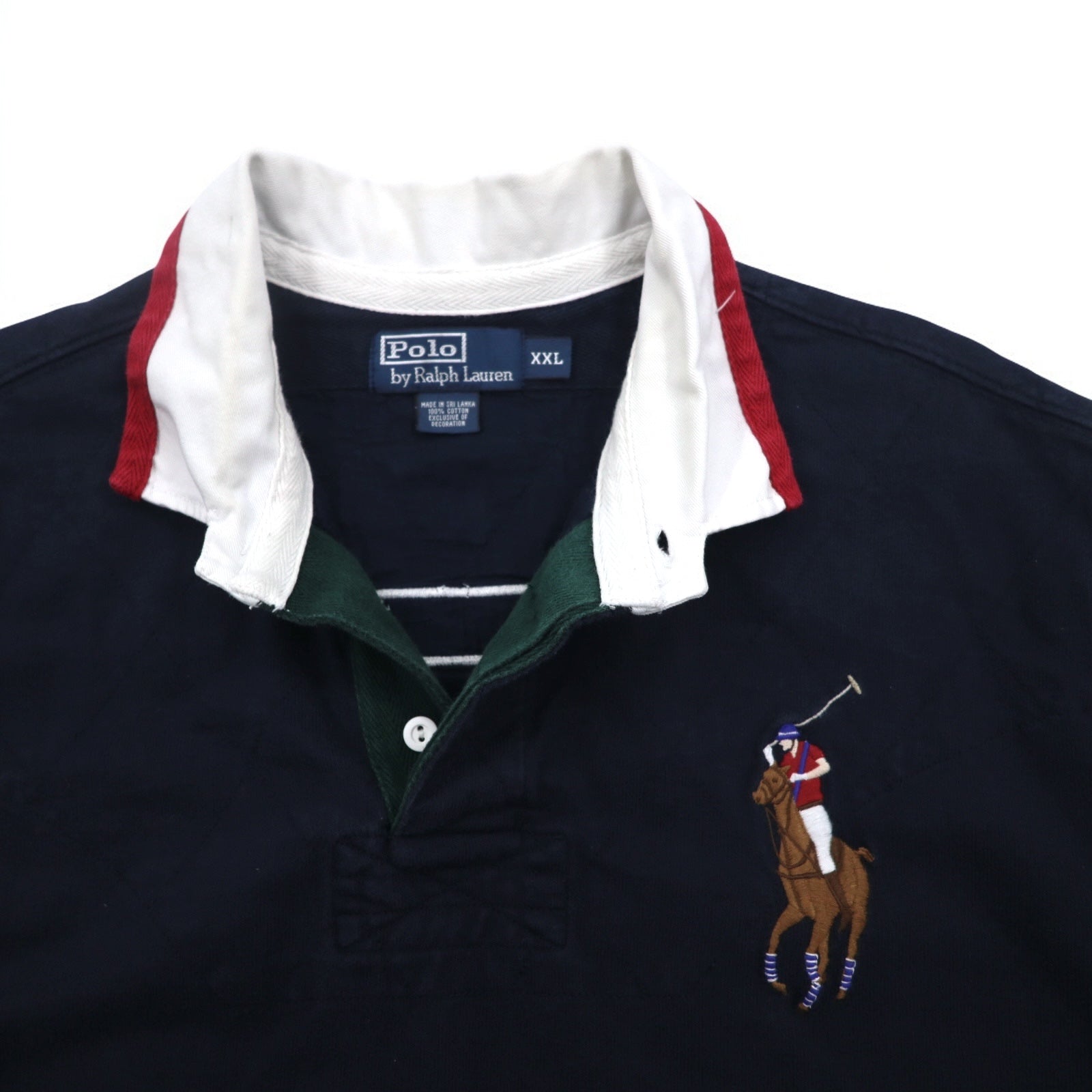 Polo by Ralph Lauren anni '90, maglia da rugby con ricamo Big Pony, taglia XXL, blu navy, con numeri, toppe sui gomiti, made in Sri Lanka
