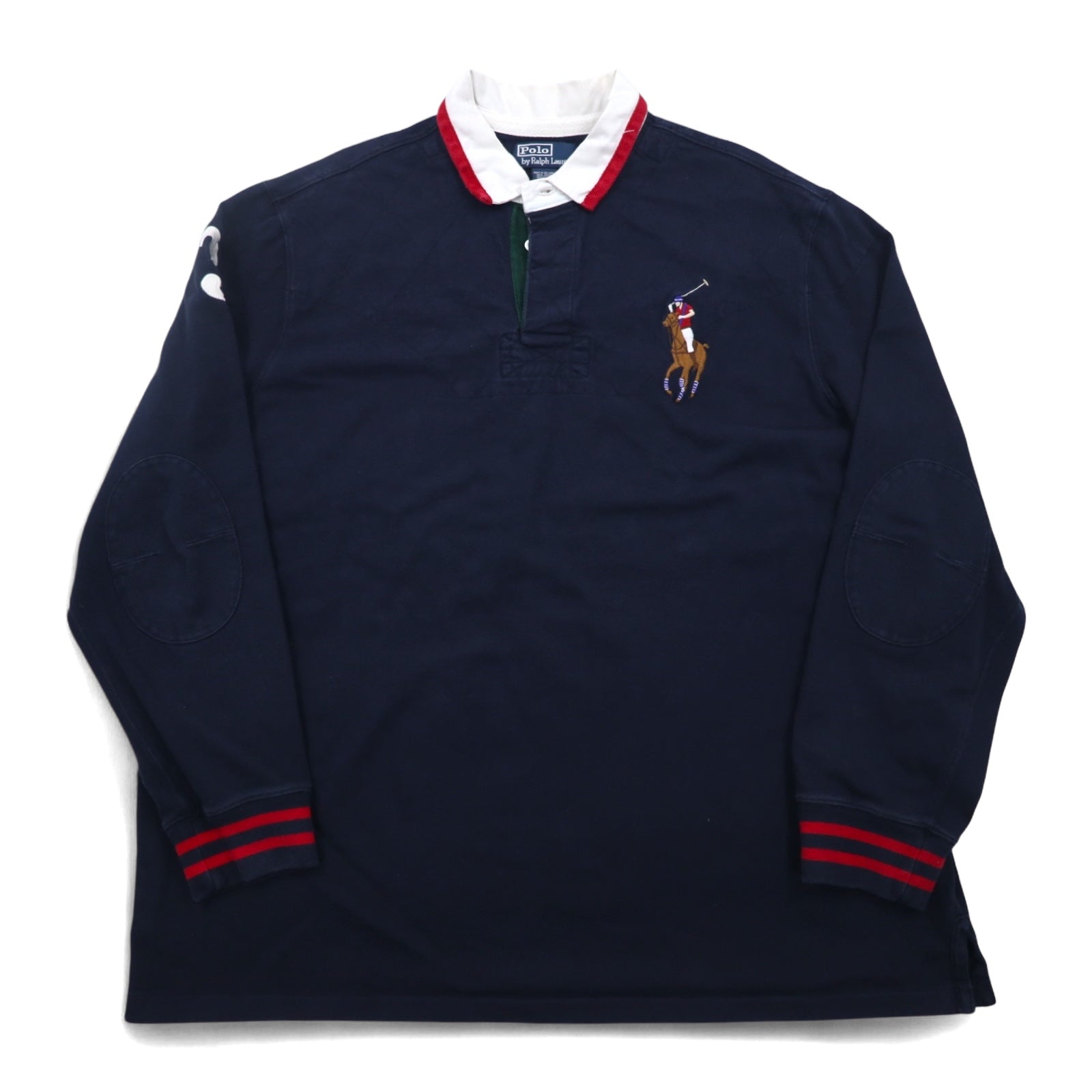 Polo by Ralph Lauren anni '90, maglia da rugby con ricamo Big Pony, taglia XXL, blu navy, con numeri, toppe sui gomiti, made in Sri Lanka