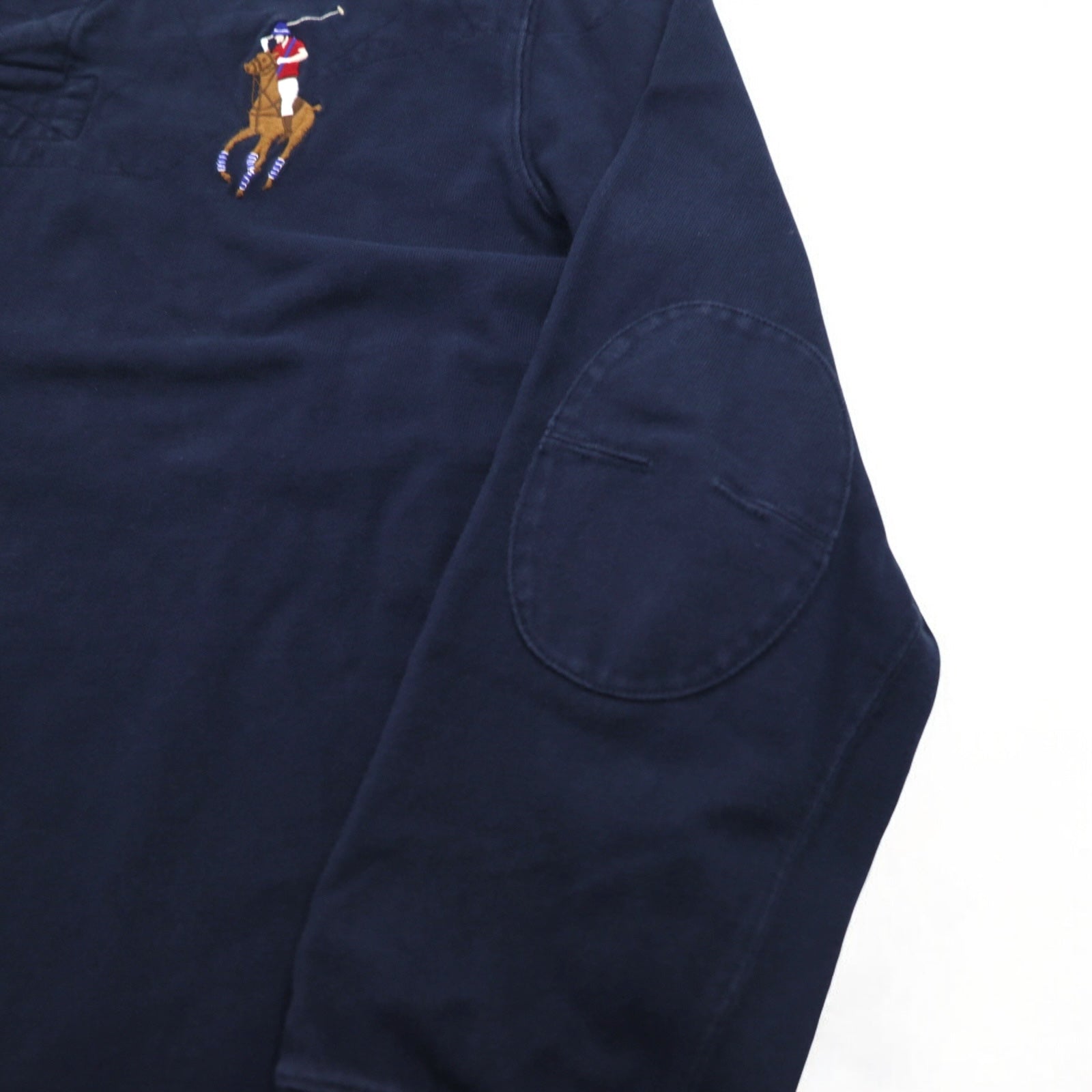 Polo by Ralph Lauren anni '90, maglia da rugby con ricamo Big Pony, taglia XXL, blu navy, con numeri, toppe sui gomiti, made in Sri Lanka