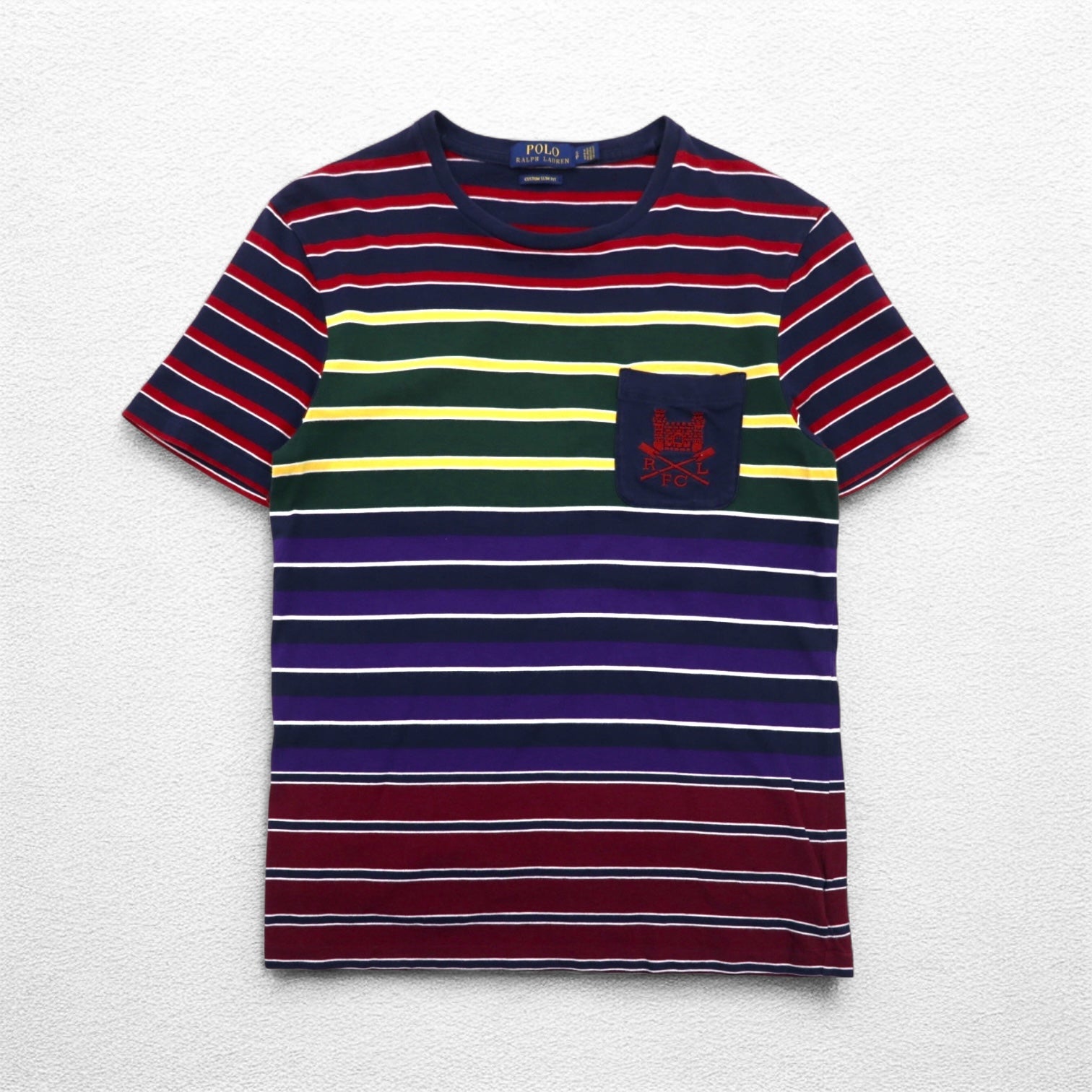 POLO RALPH LAUREN T-shirt a righe multicolore con taschino, taglia S, multicolore, cotone, logo RLFC ricamato, made in Sri Lanka
