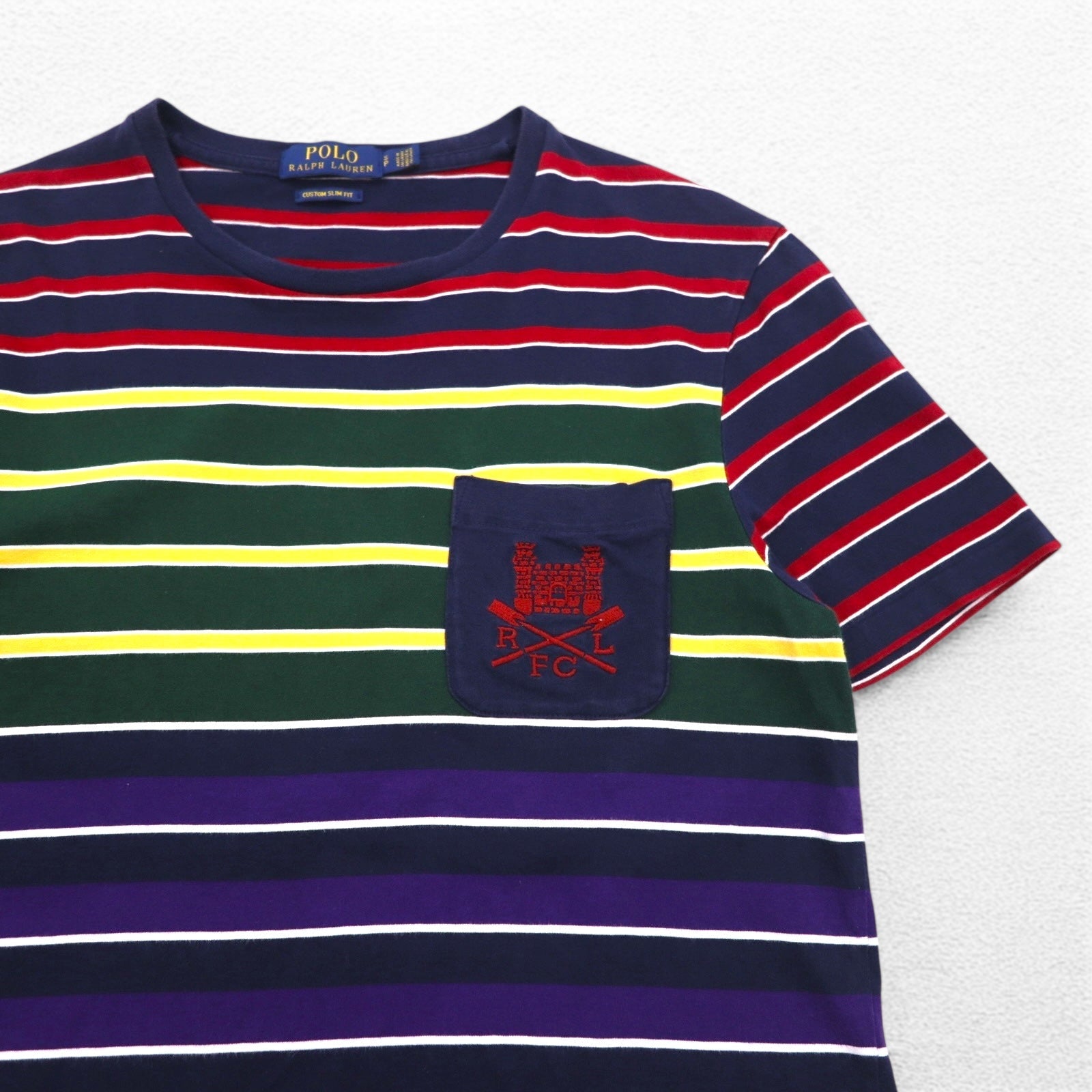 POLO RALPH LAUREN T-shirt a righe multicolore con taschino, taglia S, multicolore, cotone, logo RLFC ricamato, made in Sri Lanka