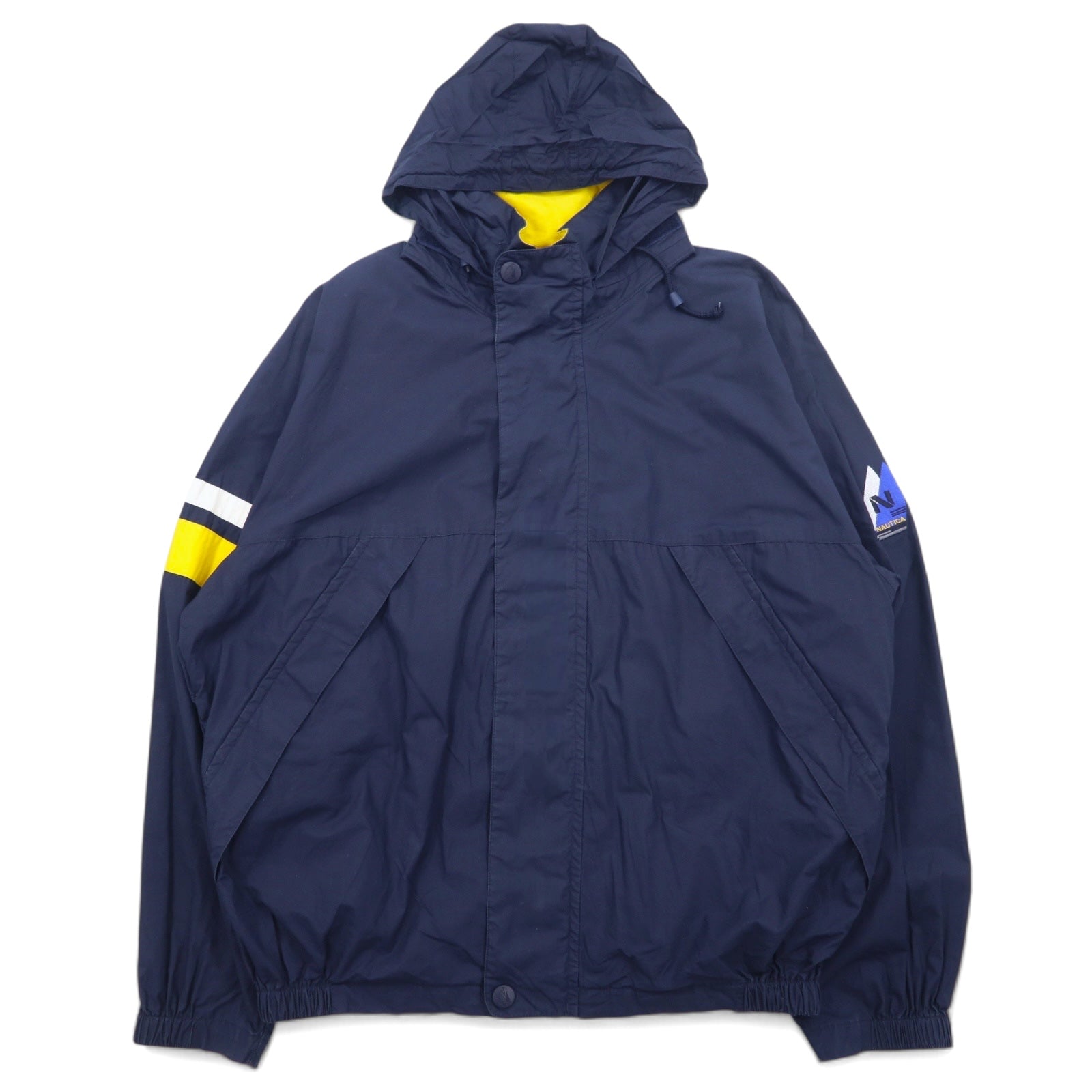 Giacca a vela Nautica anni '90, giacca a vento in nylon, taglia XL, blu navy, cotone, cappuccio a scomparsa, logo ricamato.