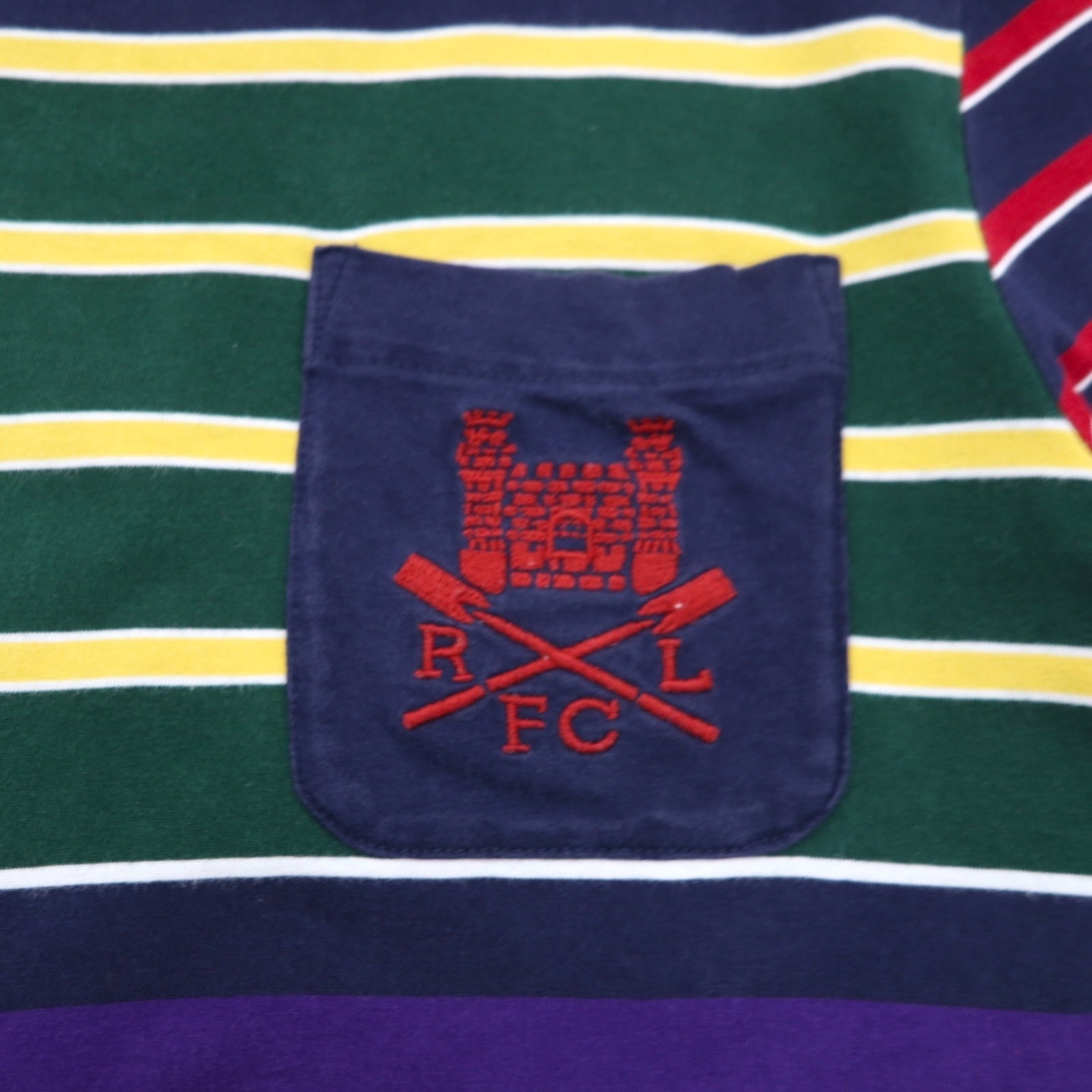POLO RALPH LAUREN T-shirt a righe multicolore con taschino, taglia S, multicolore, cotone, logo RLFC ricamato, made in Sri Lanka