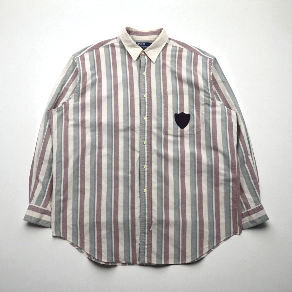 Polo Ralph Lauren 90年代 クレリックシャツ L グレー ストライプ 胸ポケット ワッペン エンブレム
