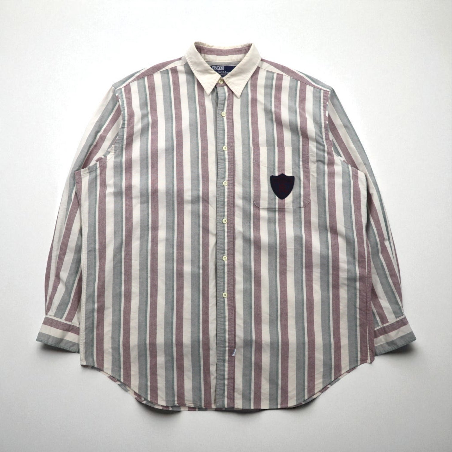 Polo Ralph Lauren 90年代 クレリックシャツ L グレー ストライプ 胸ポケット ワッペン エンブレム