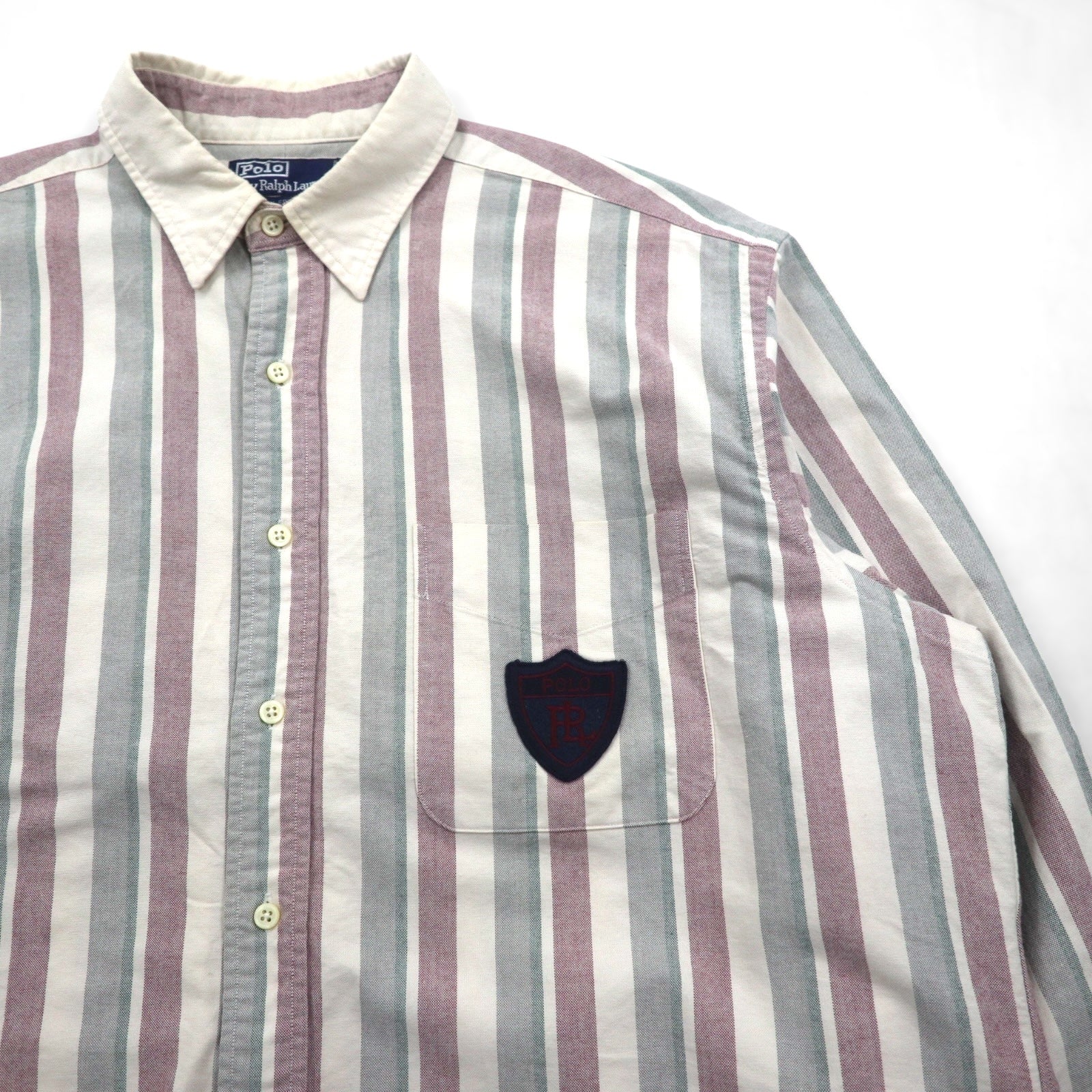 Polo Ralph Lauren 90年代 クレリックシャツ L グレー ストライプ 胸ポケット ワッペン エンブレム