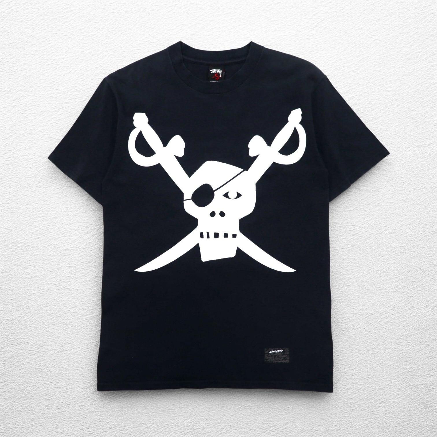 STUSSY T-shirt con stampa teschio pirata S nero cotone Made in Mexico