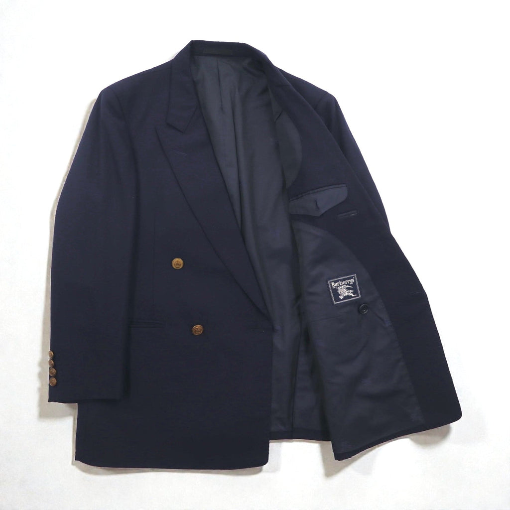 BURBERRY 80年代 日本製 ピークドラペル ダブルブレスト セットアップ スーツ S ネイビー ウール TASMANIA WOOL 紺ブレ 金ボタン ギャバジン
