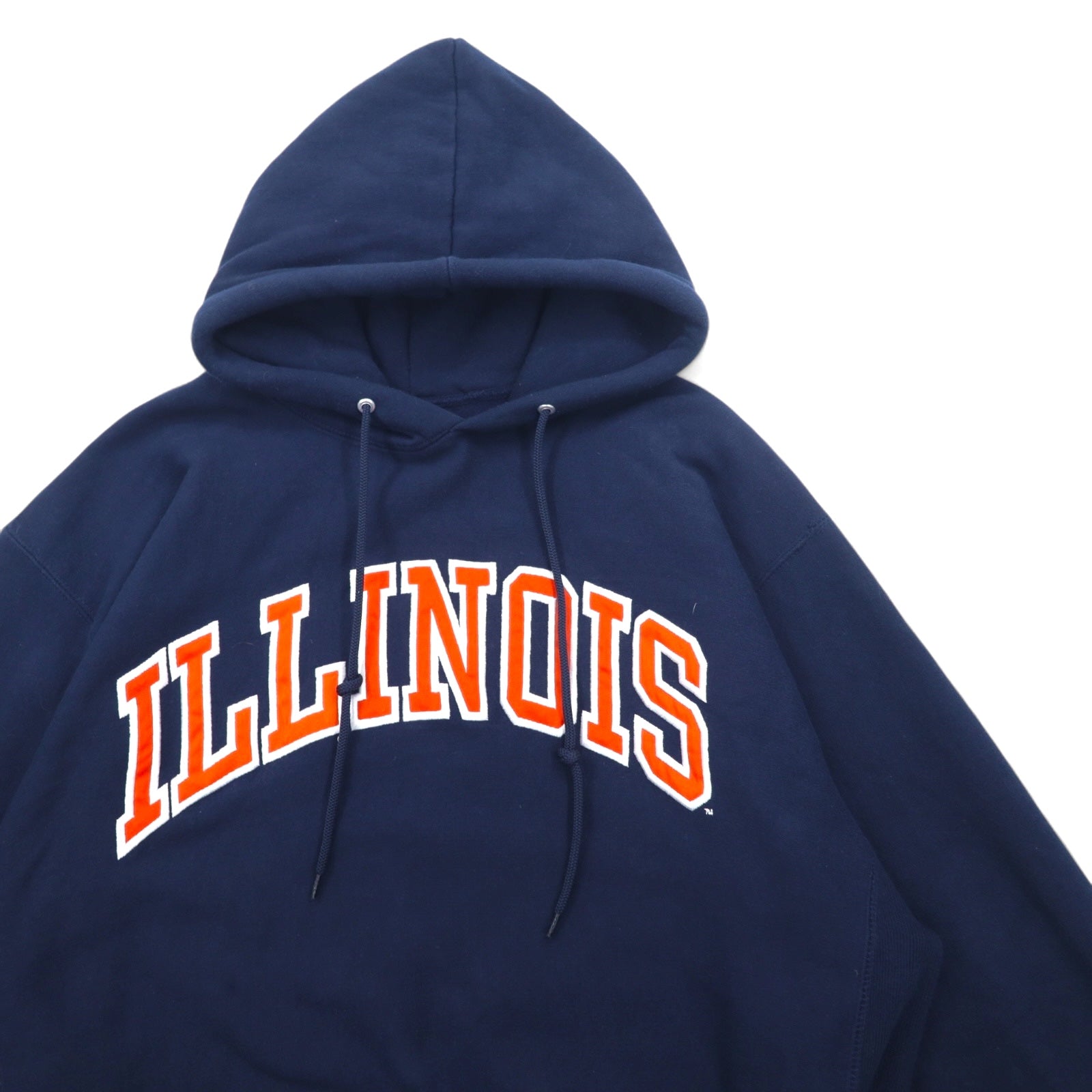 Felpa con cappuccio pullover STEVE AND BARRY'S Reverse Weave anni '90, taglia L, blu navy, poliestere, motivo college ILLINOIS con logo ad arco, taglia oversize