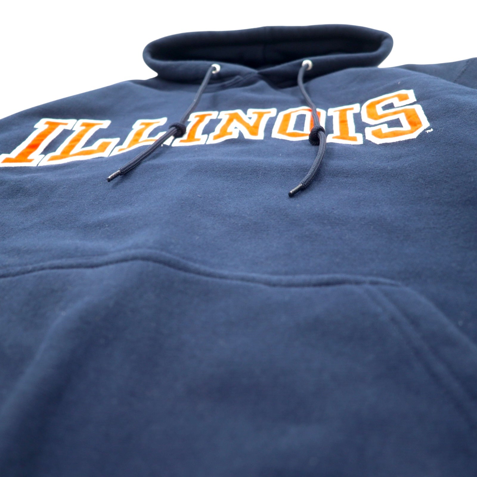 Felpa con cappuccio pullover STEVE AND BARRY'S Reverse Weave anni '90, taglia L, blu navy, poliestere, motivo college ILLINOIS con logo ad arco, taglia oversize