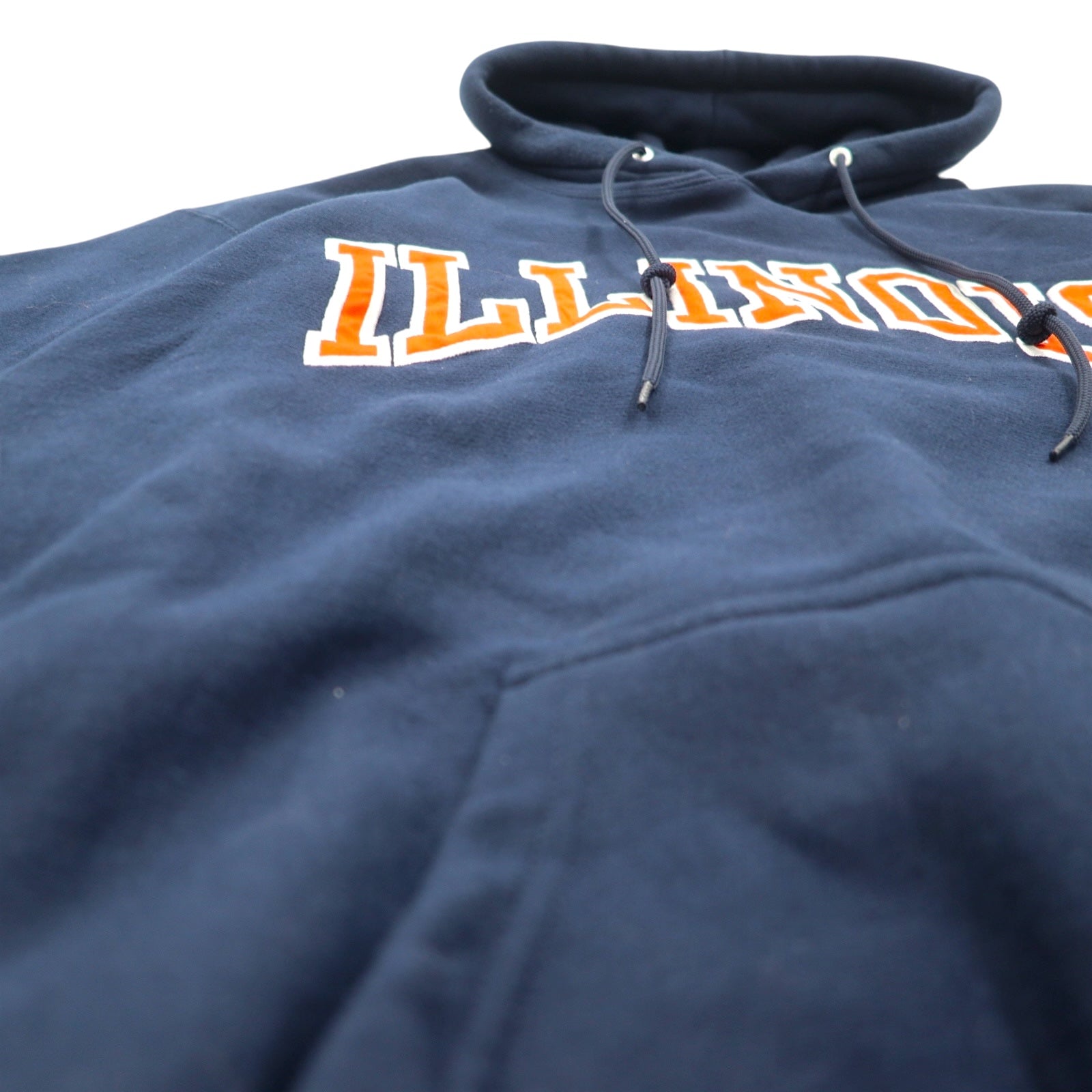 Felpa con cappuccio pullover STEVE AND BARRY'S Reverse Weave anni '90, taglia L, blu navy, poliestere, motivo college ILLINOIS con logo ad arco, taglia oversize