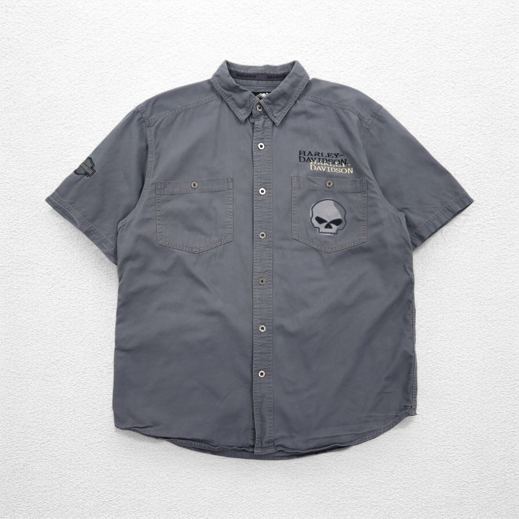 HARLEY DAVIDSON スカルプリント 半袖 ワークシャツ L グレー バックプリント ダブルポケット