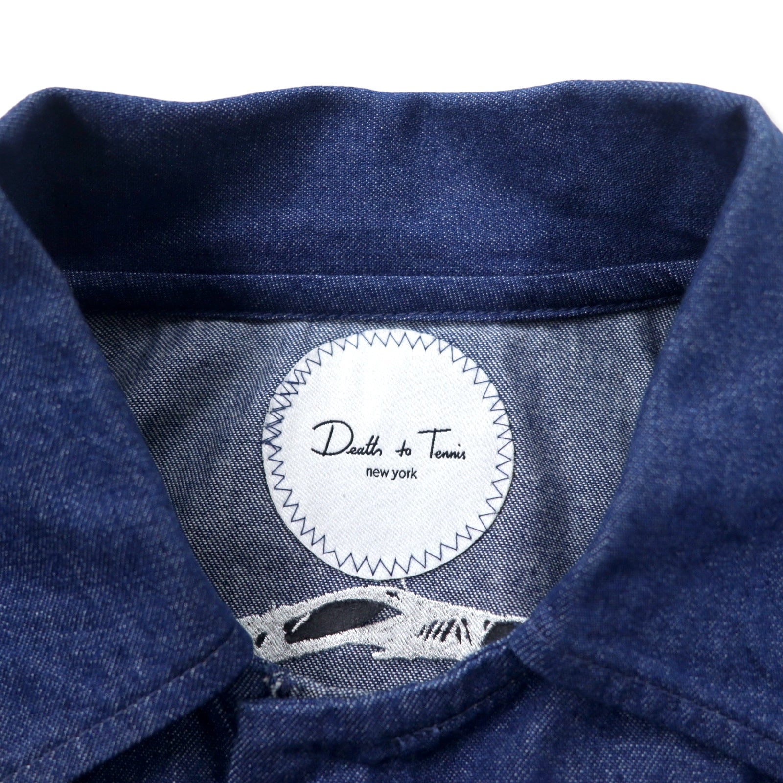 Giacca blouson Death to Tennis in denim con zip, taglia L, colore blu, cotone, logo ricamato sul retro, made in Japan