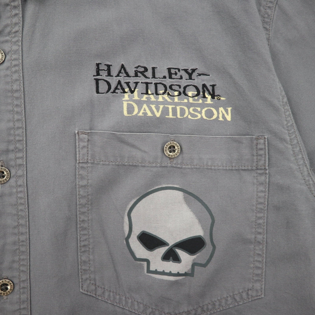 HARLEY DAVIDSON スカルプリント 半袖 ワークシャツ L グレー バックプリント ダブルポケット