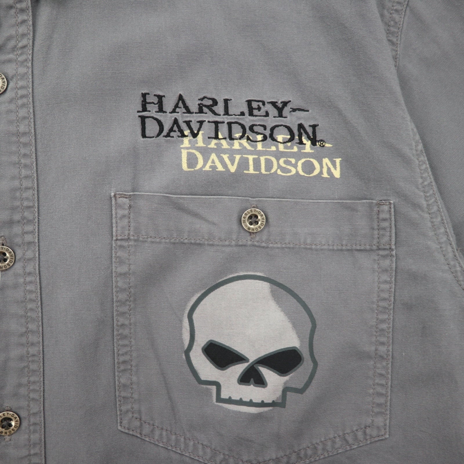 HARLEY DAVIDSON スカルプリント 半袖 ワークシャツ L グレー バックプリント ダブルポケット
