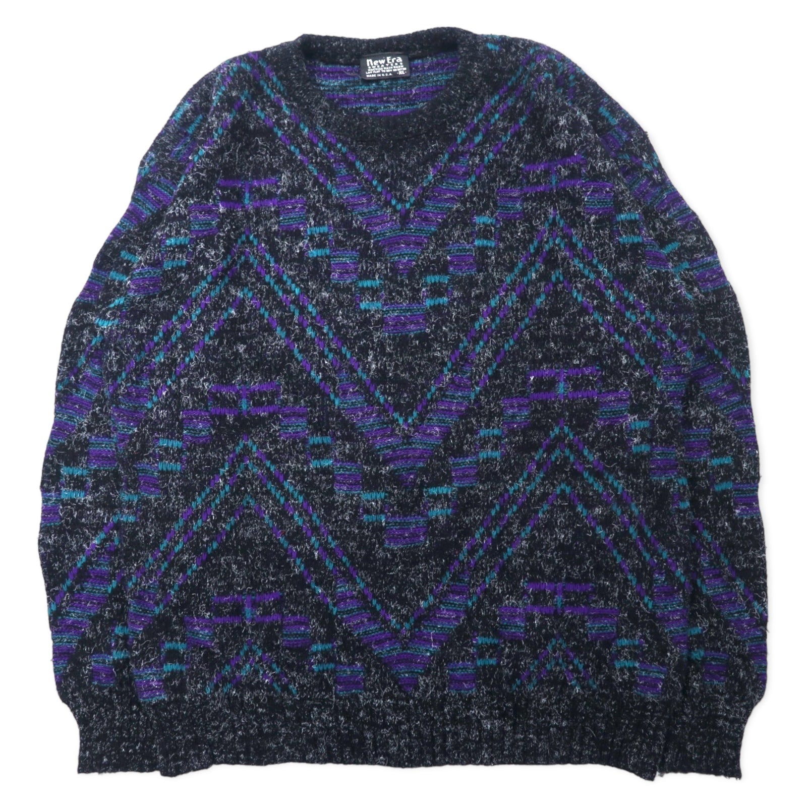 New Era MAGLIONI Made in USA Anni '90 Maglione a pelo lungo XL Nero Fantasia all-over in acrilico