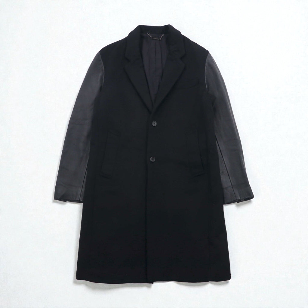 monkey time ( UNITED ARROWS ) 袖レザー 切り替え チェスターコート M ブラック ウール 1286-199-0379 ラムレザー