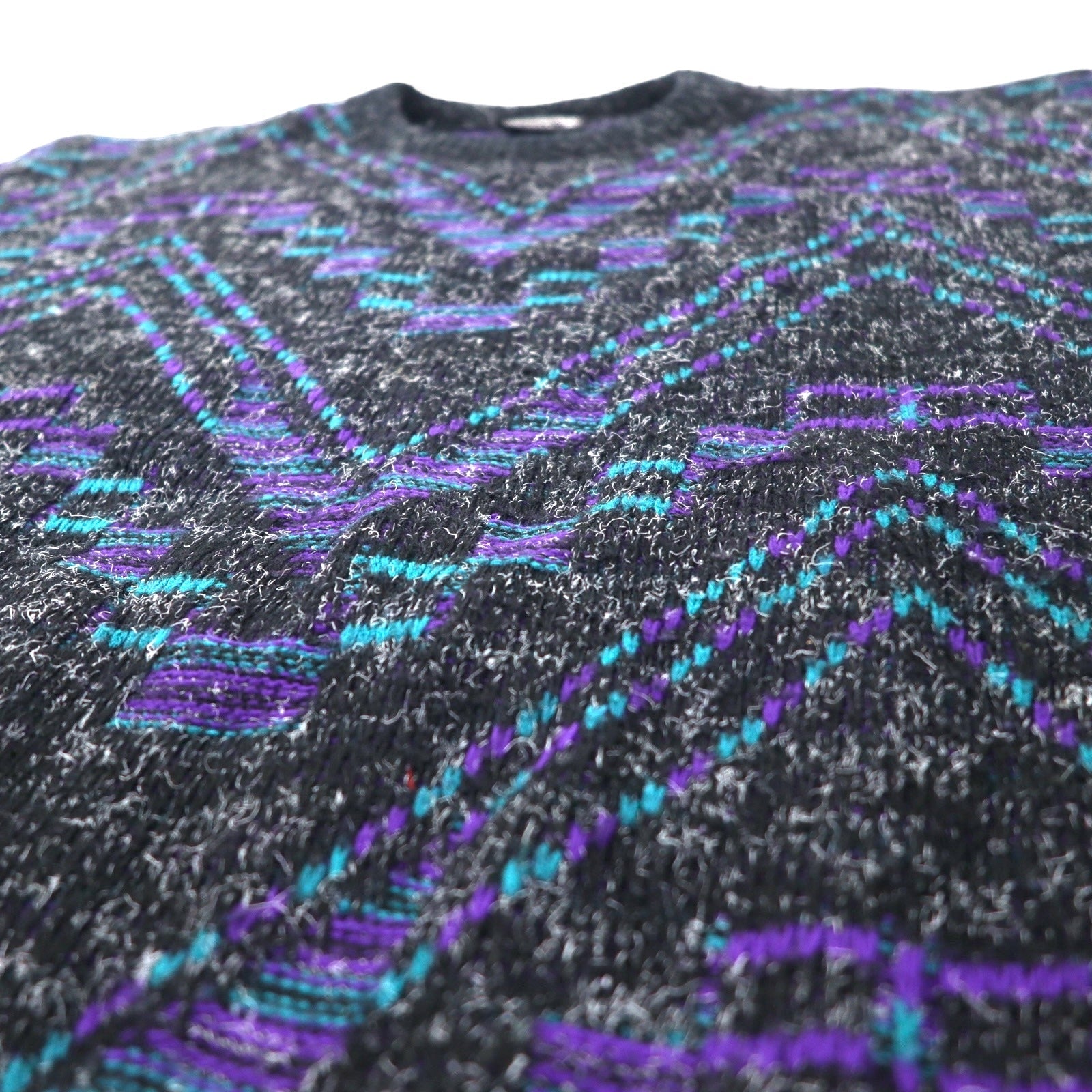 New Era MAGLIONI Made in USA Anni '90 Maglione a pelo lungo XL Nero Fantasia all-over in acrilico