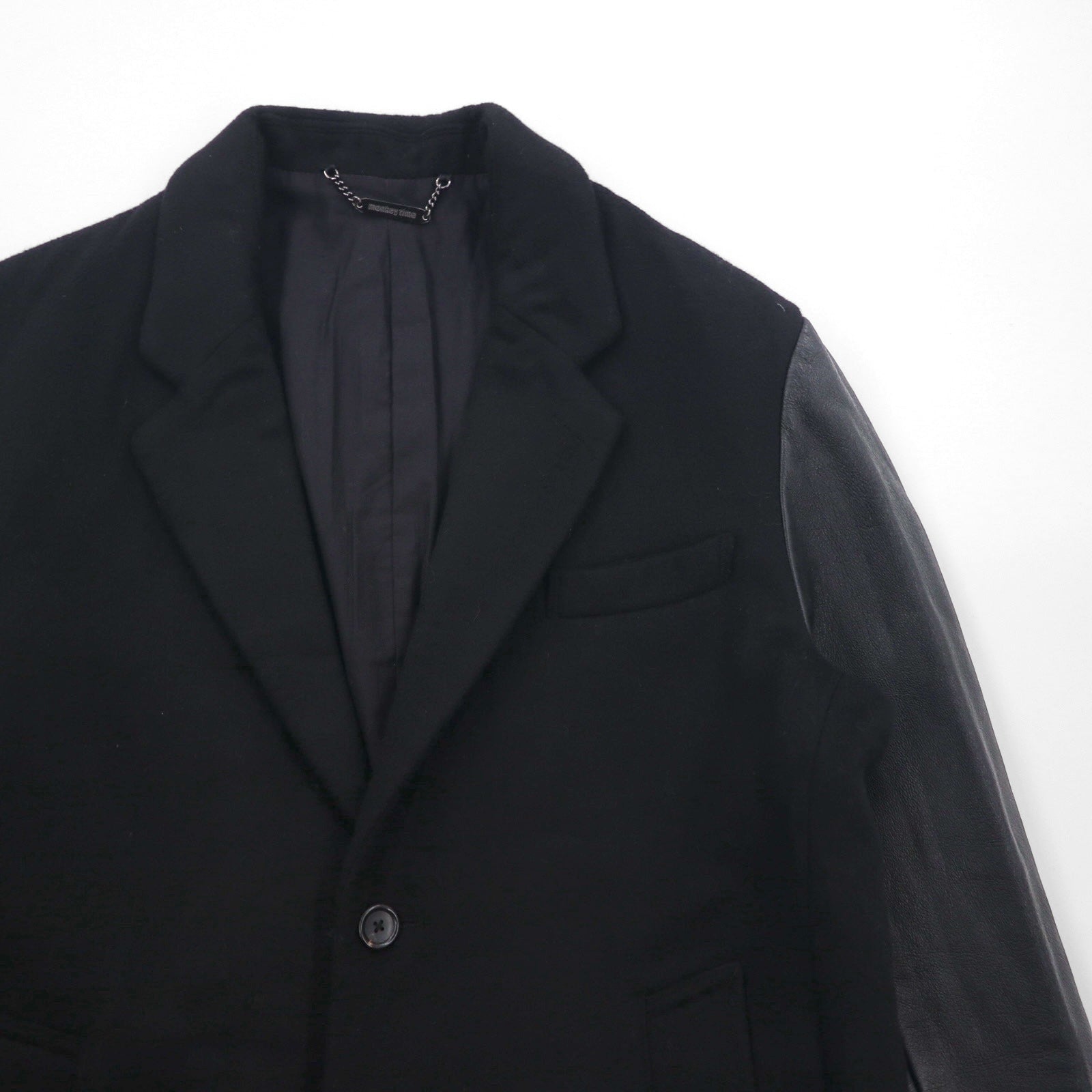 monkey time ( UNITED ARROWS ) 袖レザー 切り替え チェスターコート M ブラック ウール 1286-199-0379 ラムレザー
