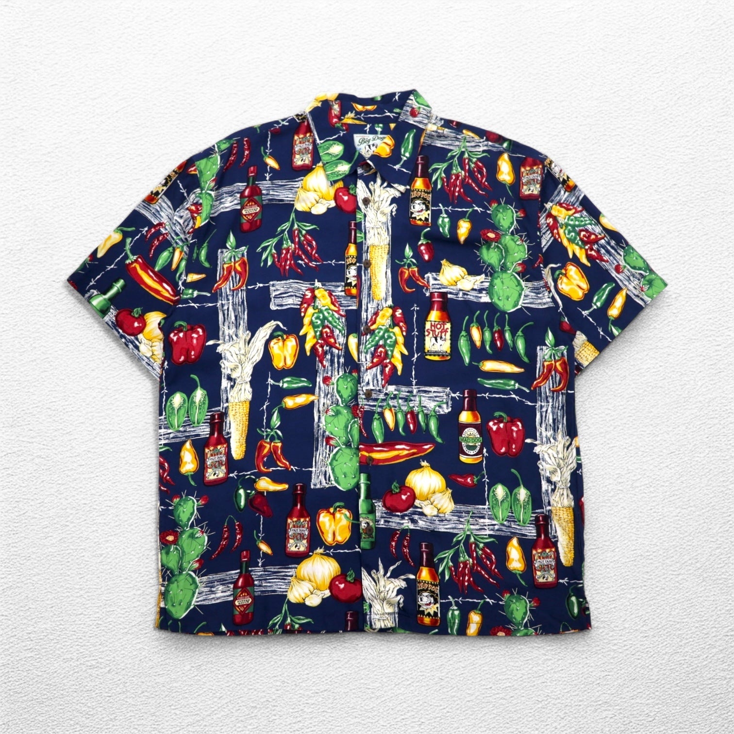 Big Dogs anni '90 camicia hawaiana XL blu navy motivo all-over in rayon