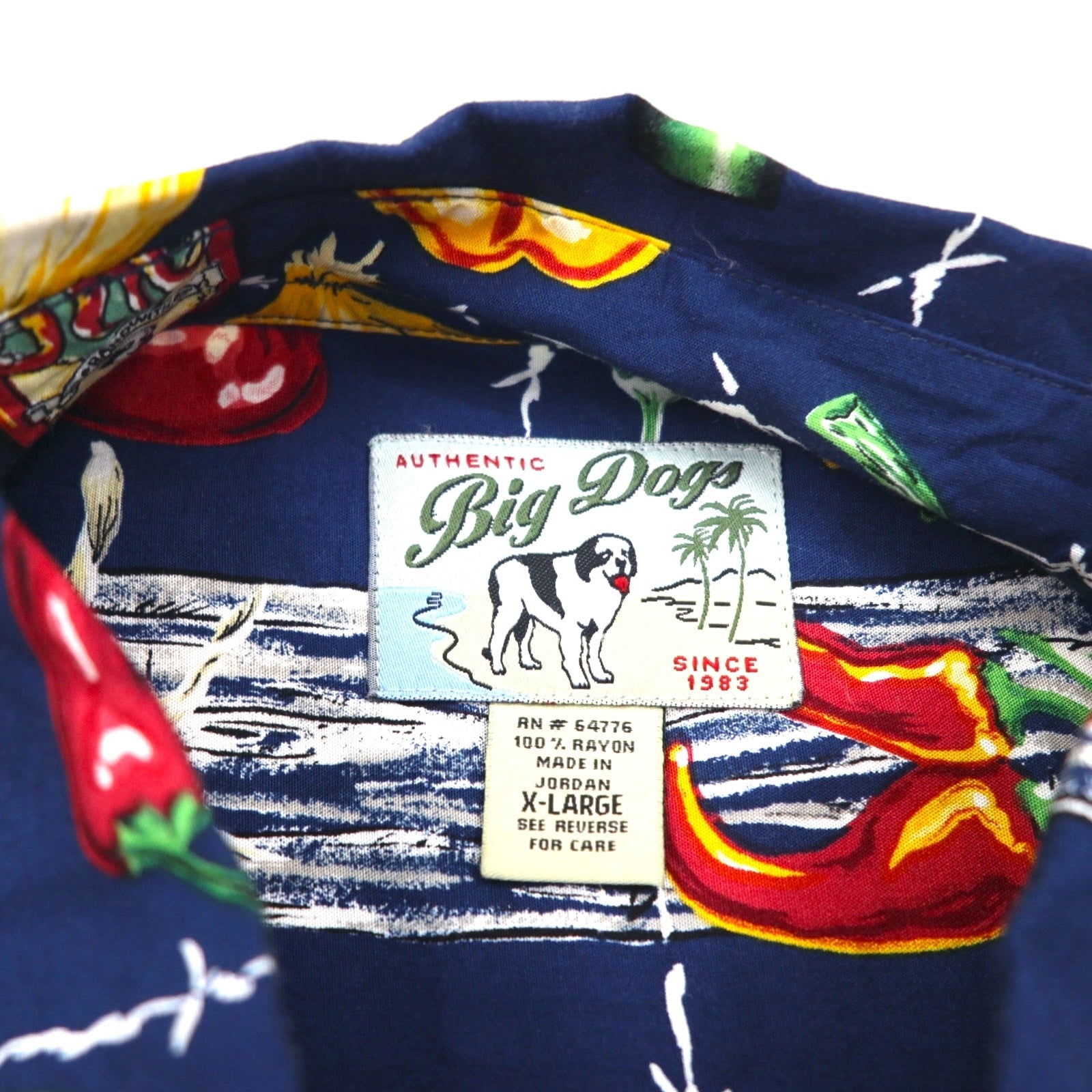 Big Dogs anni '90 camicia hawaiana XL blu navy motivo all-over in rayon