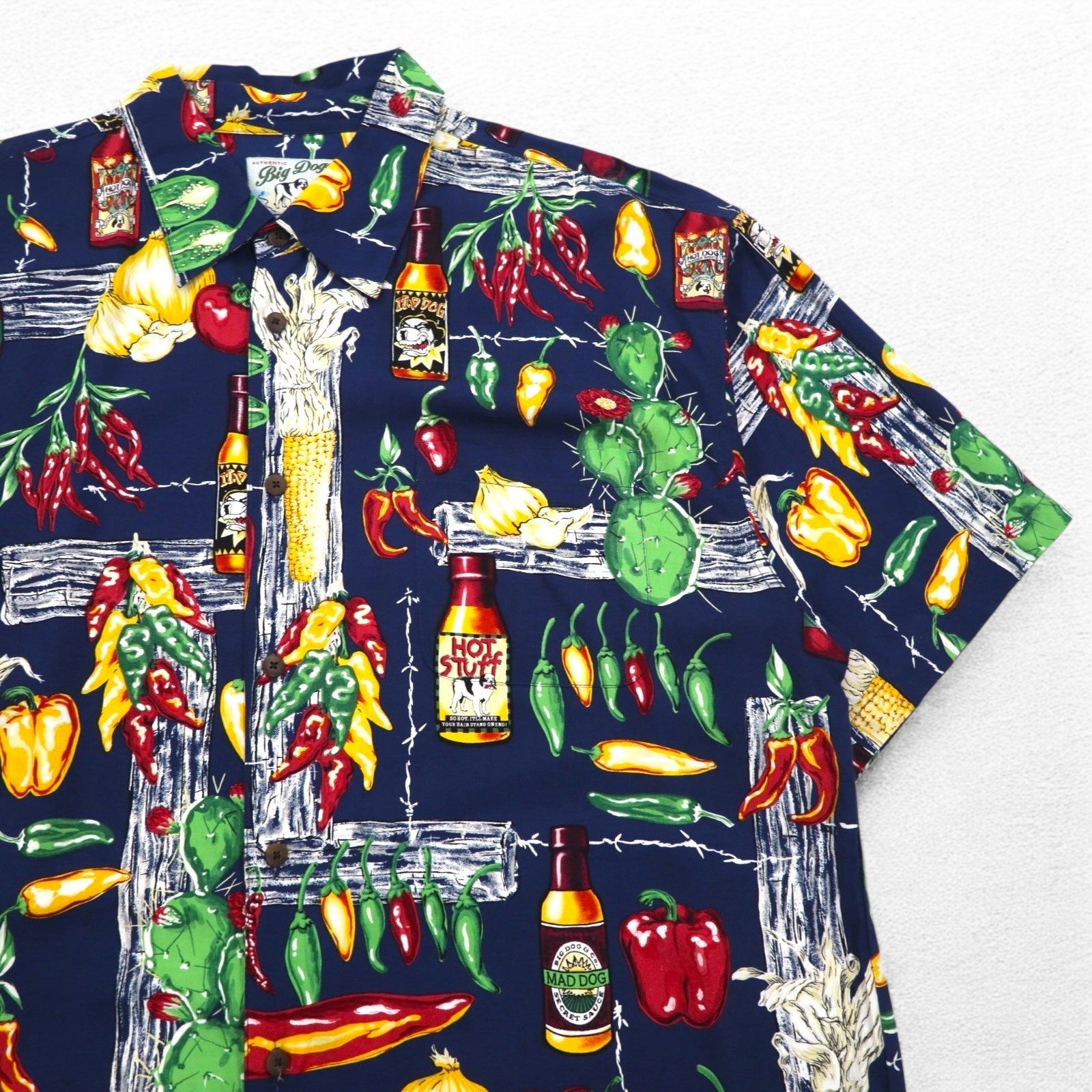 Big Dogs anni '90 camicia hawaiana XL blu navy motivo all-over in rayon