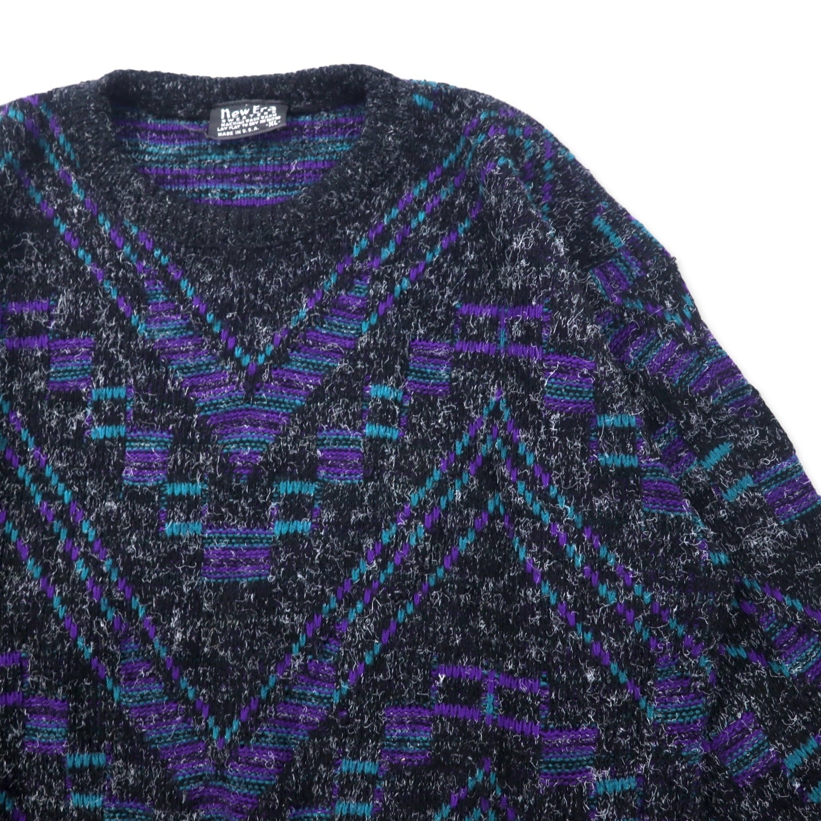 New Era MAGLIONI Made in USA Anni '90 Maglione a pelo lungo XL Nero Fantasia all-over in acrilico