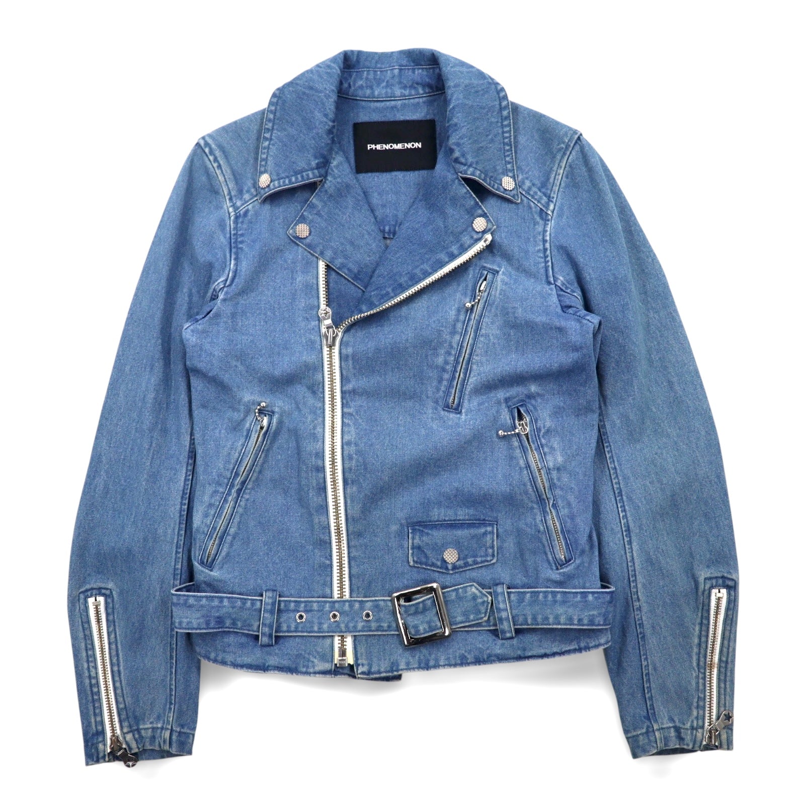 PHENOMENON Giacca in denim doppio petto stile motociclista taglia M, indaco blu, cotone JKT-235 Made in Japan