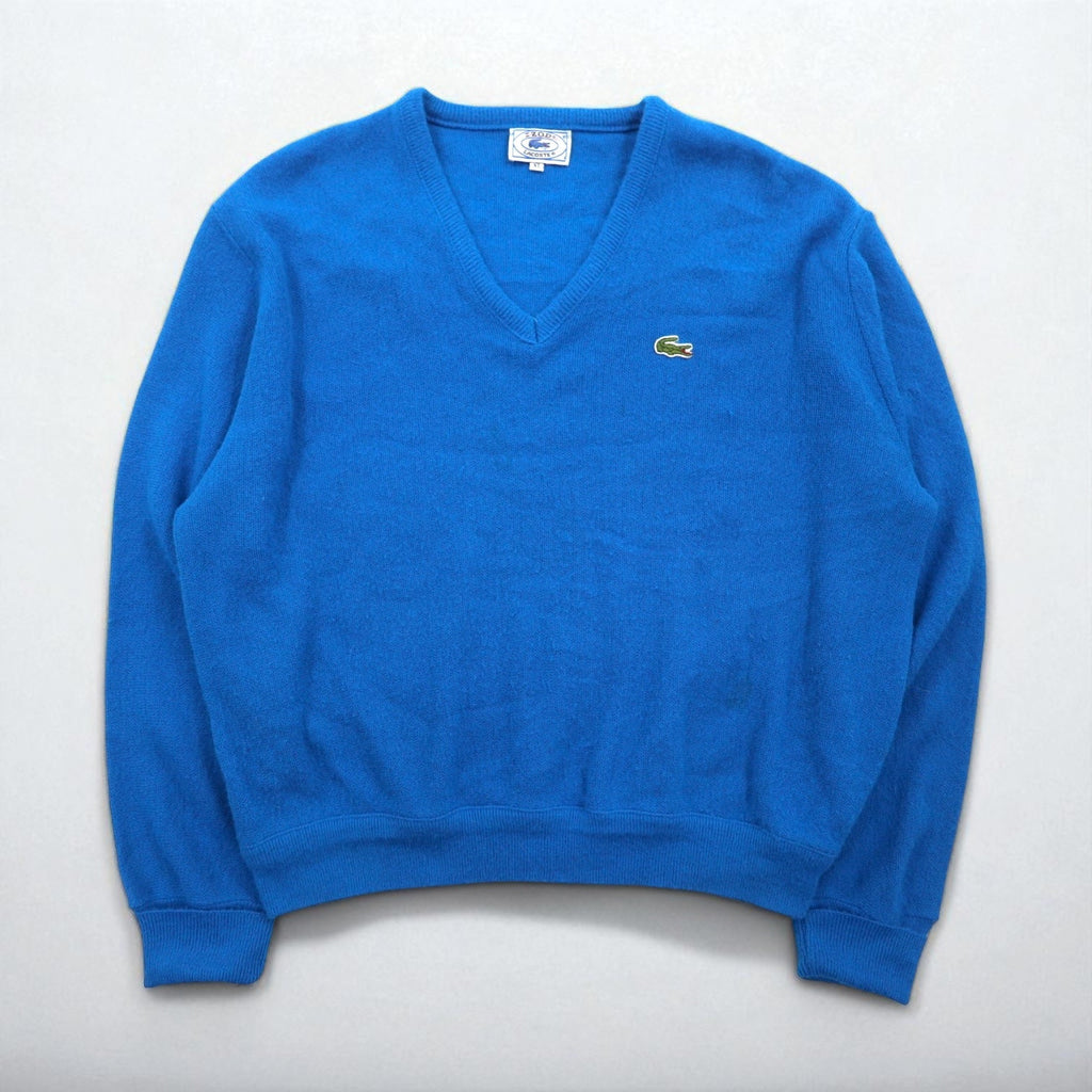 LACOSTE 70年代 ヴィンテージ Vネック アクリルニット セーター XL ブルー 糸巻タグ