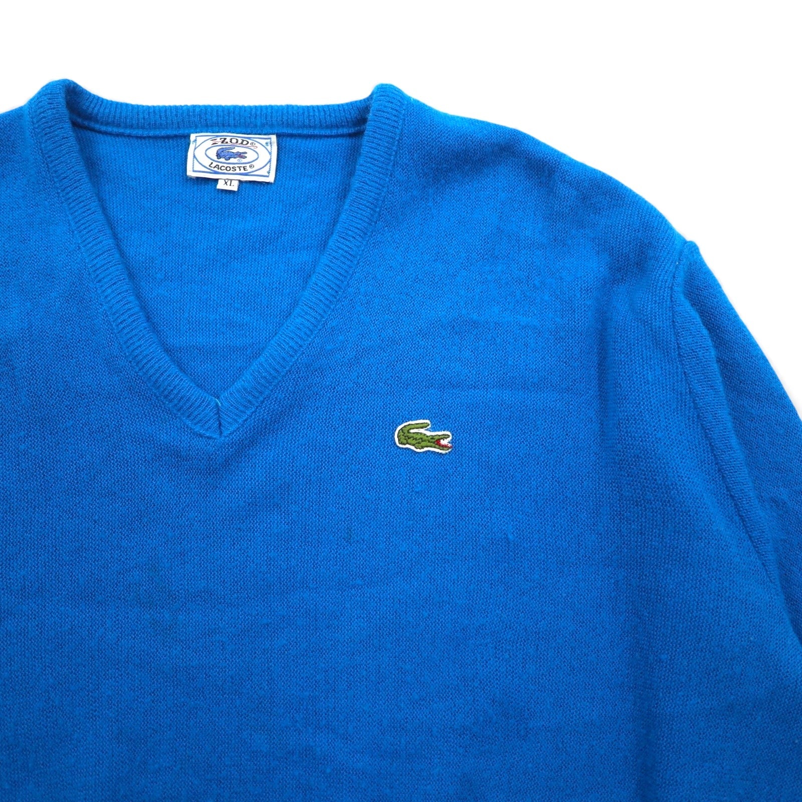 LACOSTE 70年代 ヴィンテージ Vネック アクリルニット セーター XL ブルー 糸巻タグ