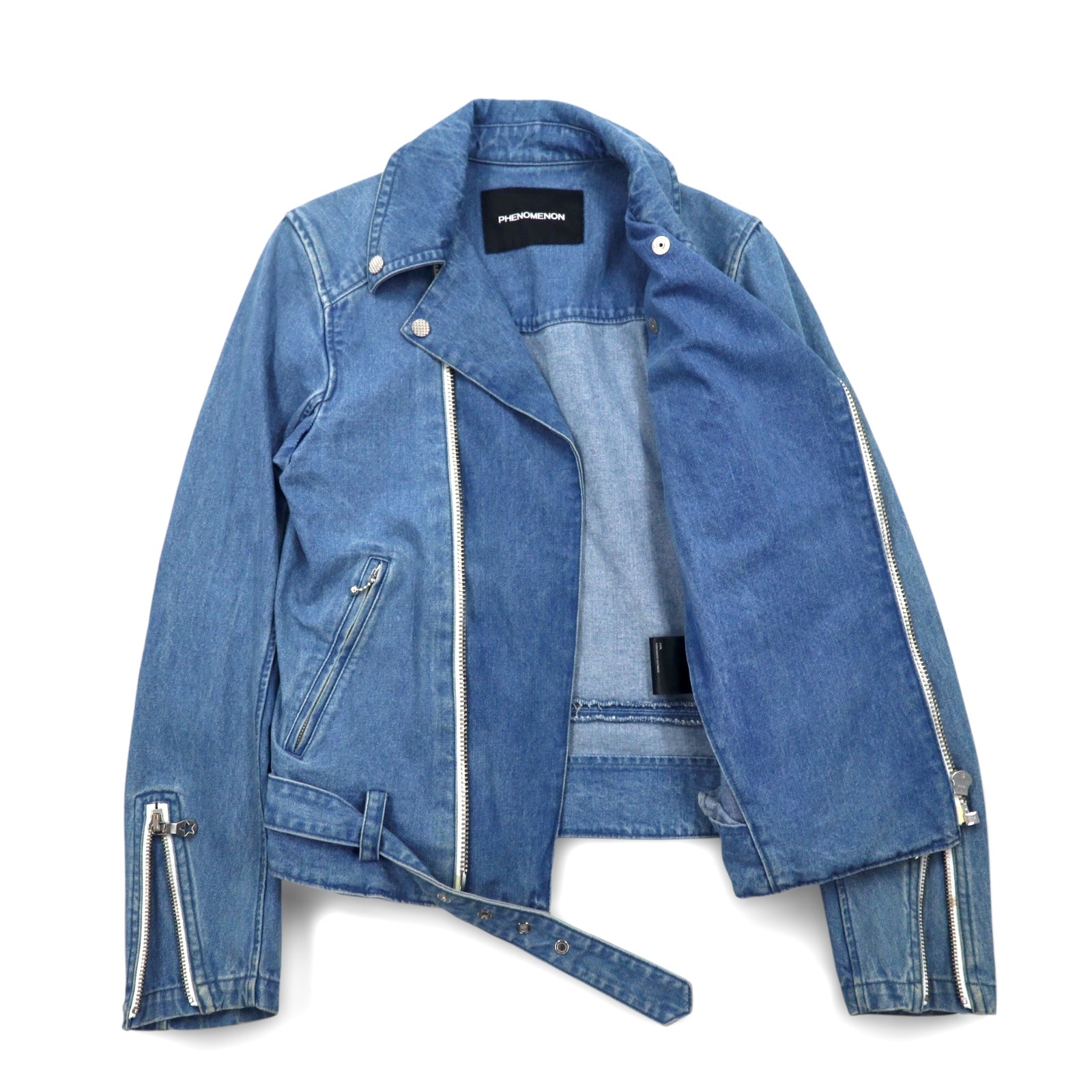 PHENOMENON Giacca in denim doppio petto stile motociclista taglia M, indaco blu, cotone JKT-235 Made in Japan