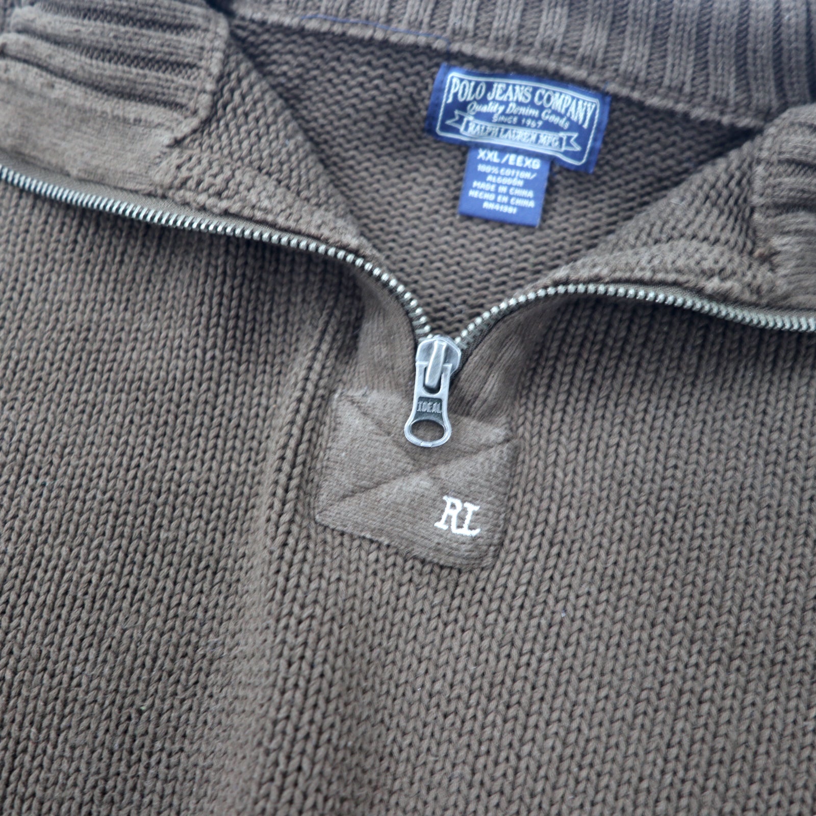 POLO JEANS COMPANY RALPH LAUREN Maglione in maglia a mezza zip XXL Marrone Cotone Cerniera IDEAL Oversize